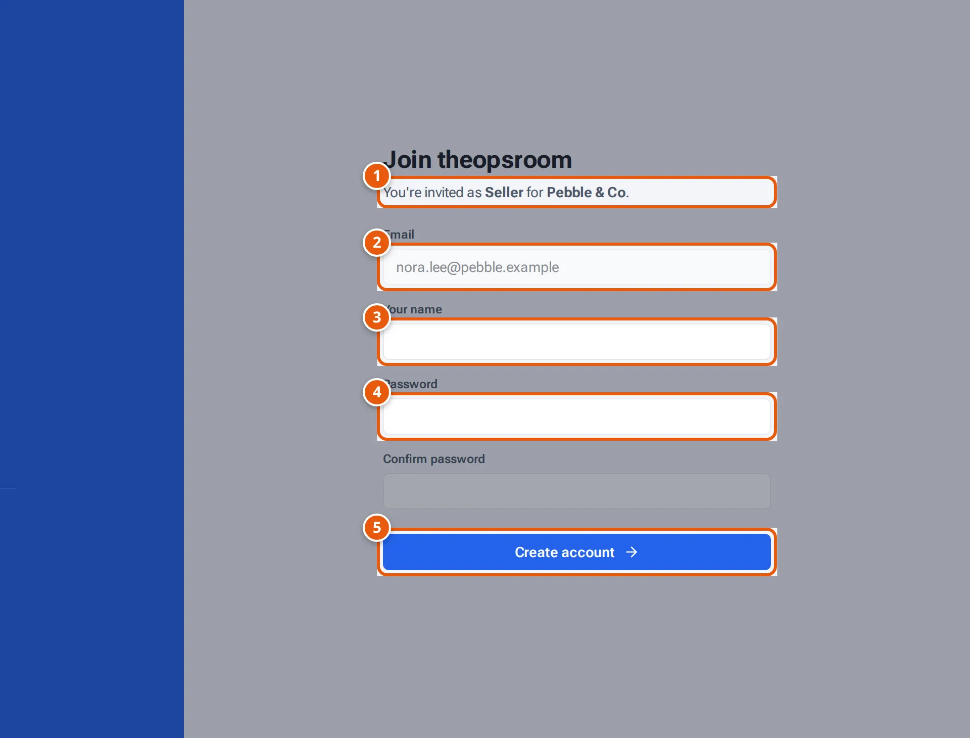 Join theopsroom: the invited email, Your name, Password and Create account