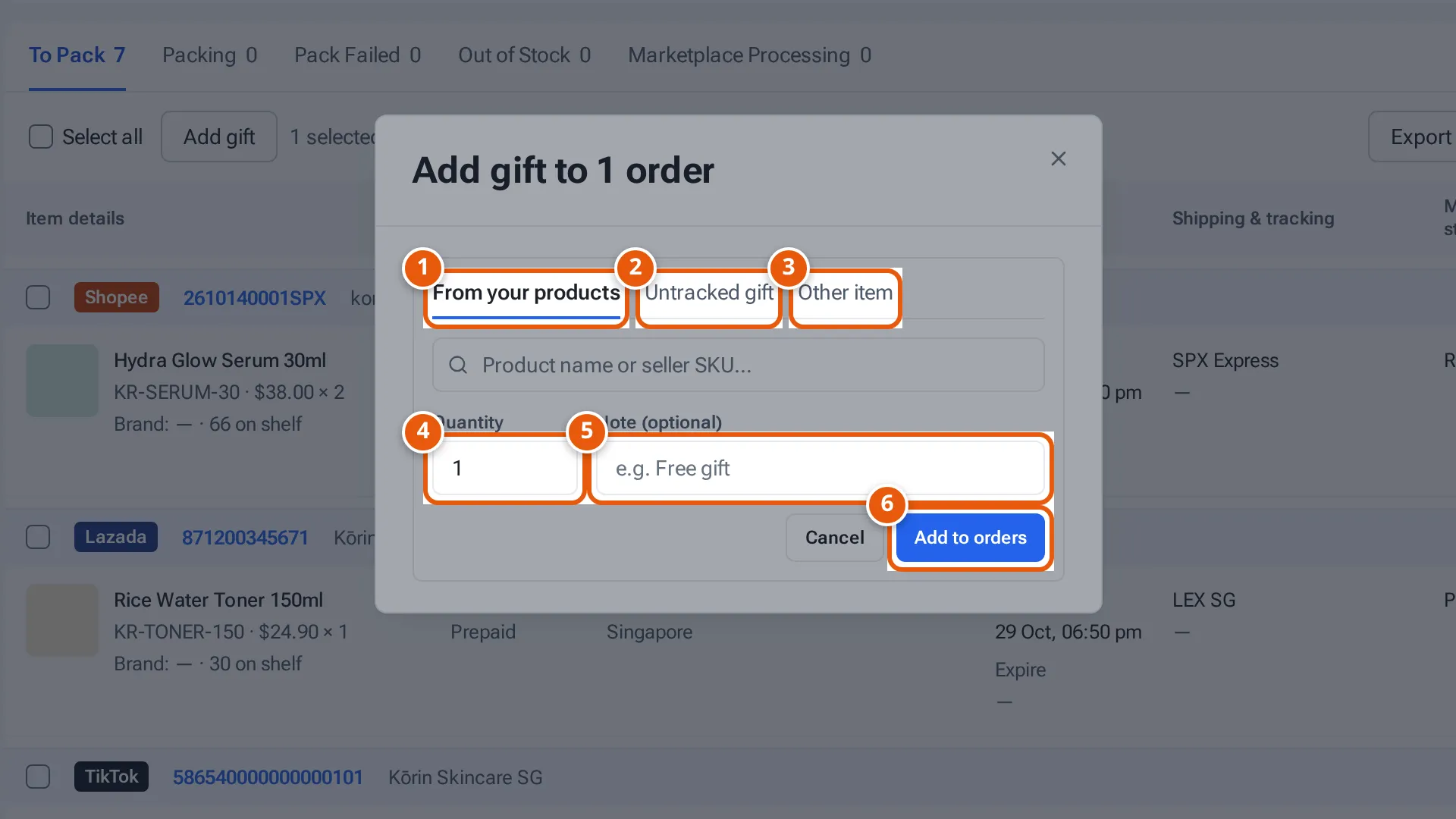 Add extra: the three tabs, Quantity, Note and Add to orders