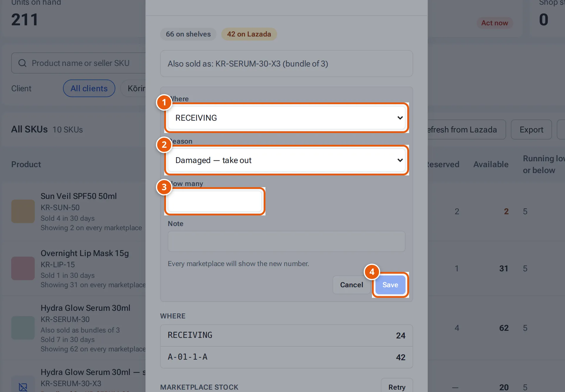 The Adjust form: Where, Reason, How many and Save