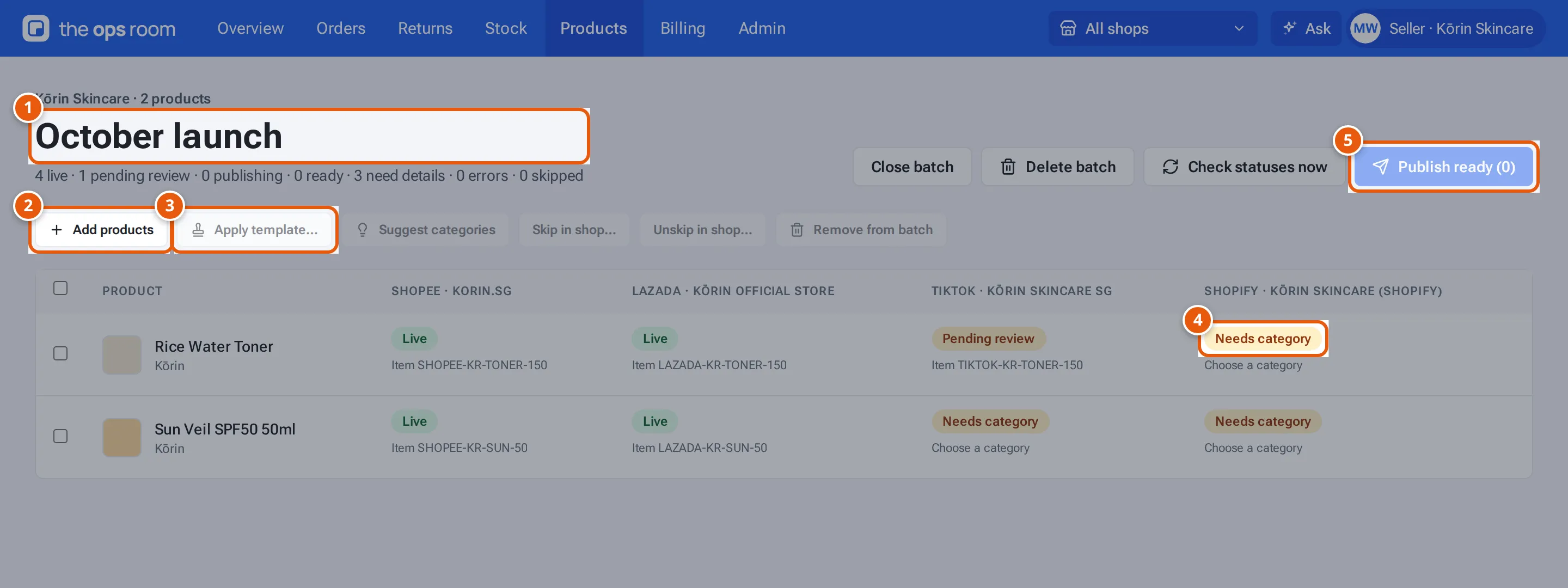 An upload batch: Add products, Apply template, a cell that needs a category, and Publish ready