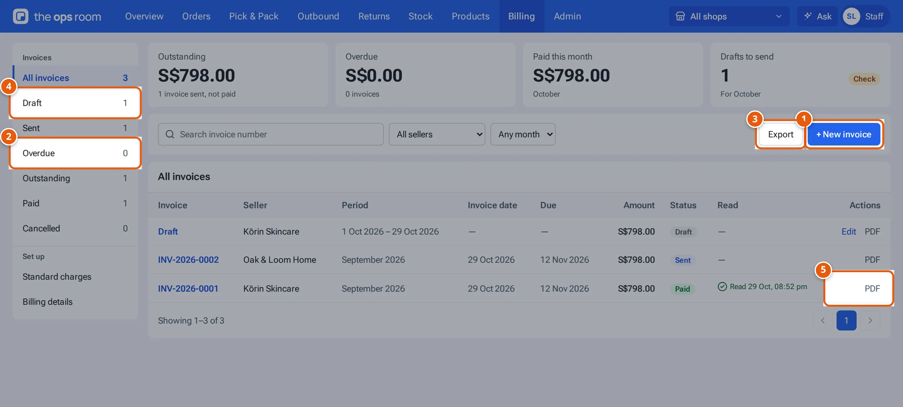 Billing: the status menu, the four number cards, New invoice, Export, a draft and when the seller read an invoice