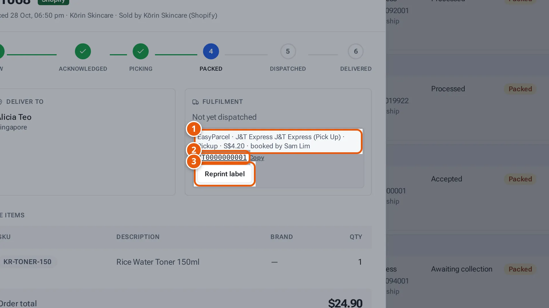 A booked Shopify order's details: the booking line, the tracking number and Reprint label