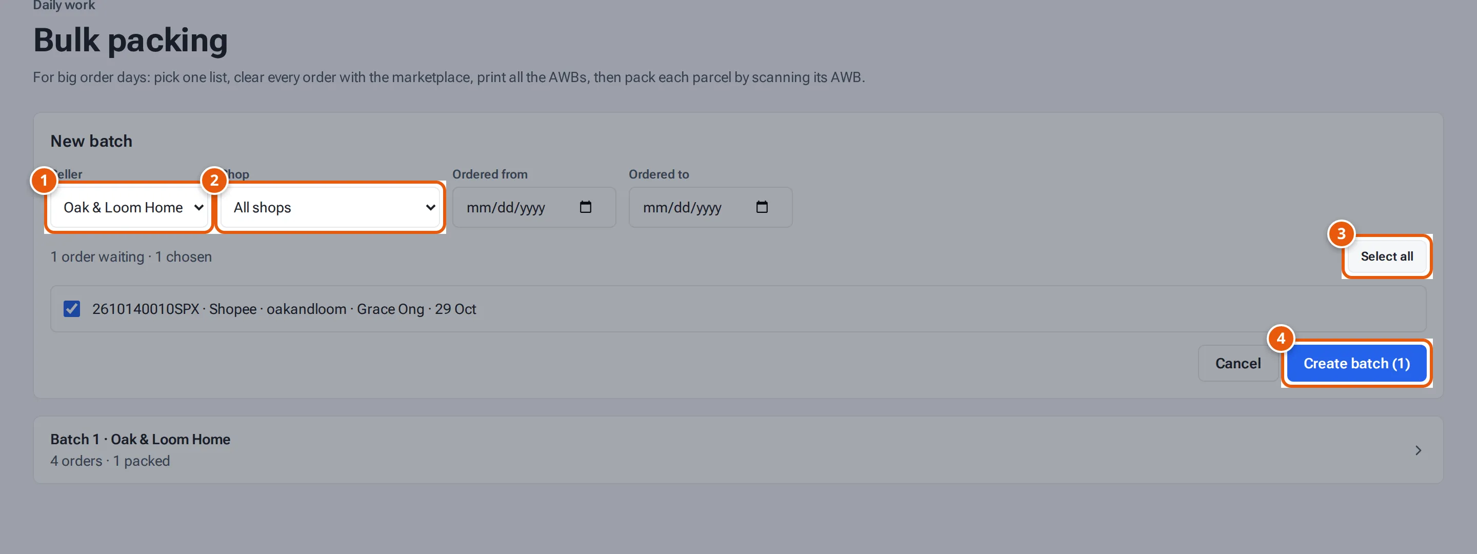 New batch: the seller, shop and order dates, the seller's waiting orders, Select all and Create batch