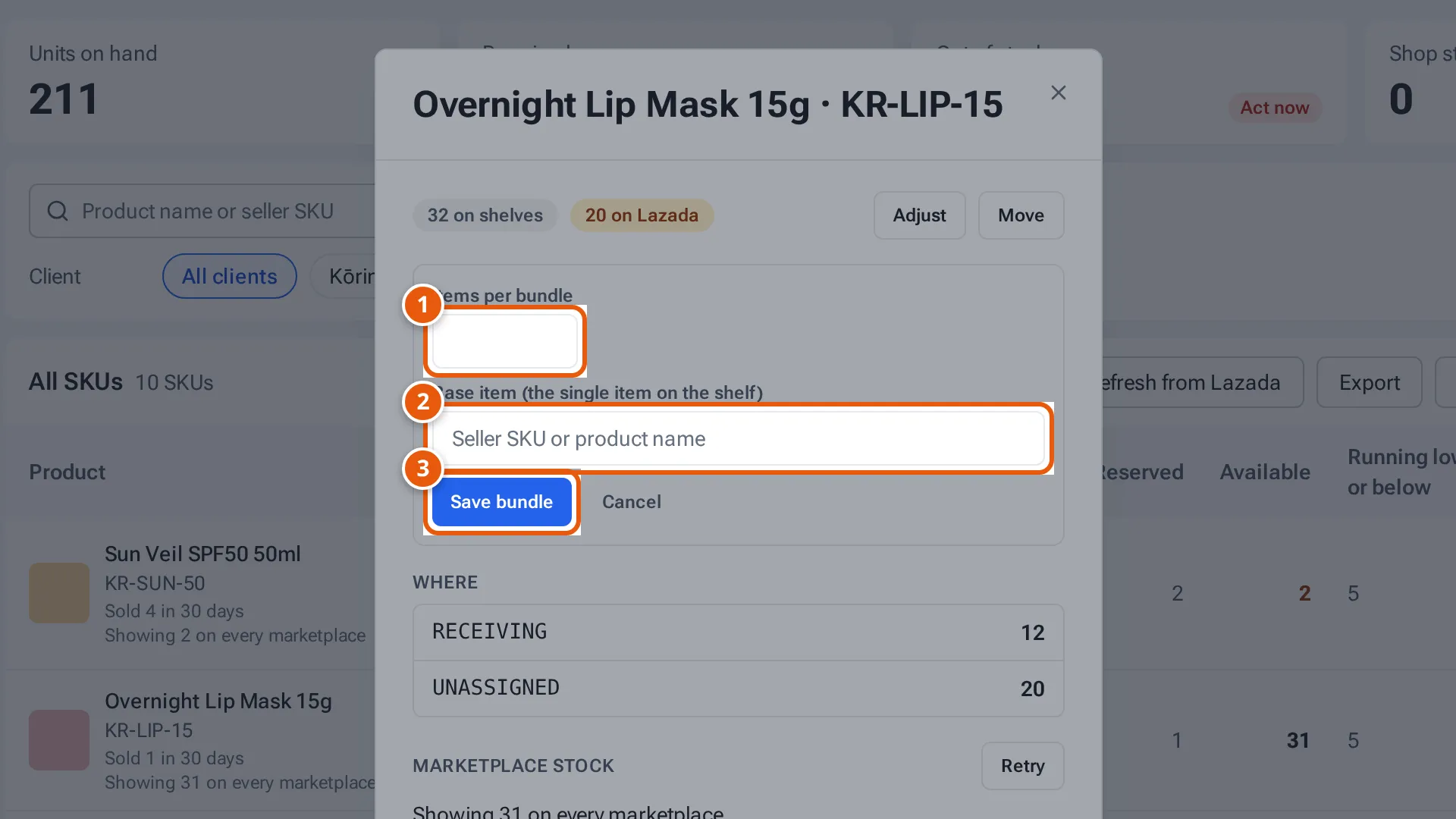 Setting up a bundle in the SKU's stock window: Items per bundle, Base item and Save bundle