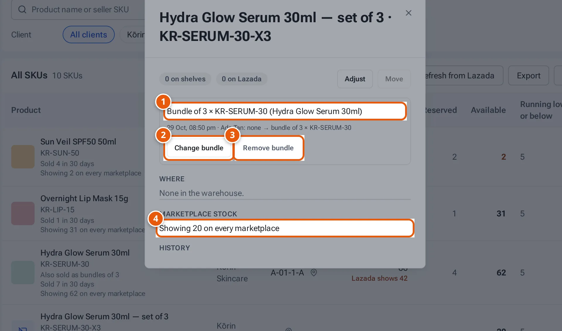 A bundle's stock window: what it's made of, Change bundle, Remove bundle and how many it shows on every marketplace