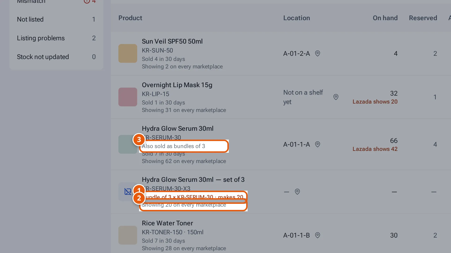 Inventory: a bundle of 3 × KR-SERUM-30 that makes 20 sets, and the single also sold as bundles