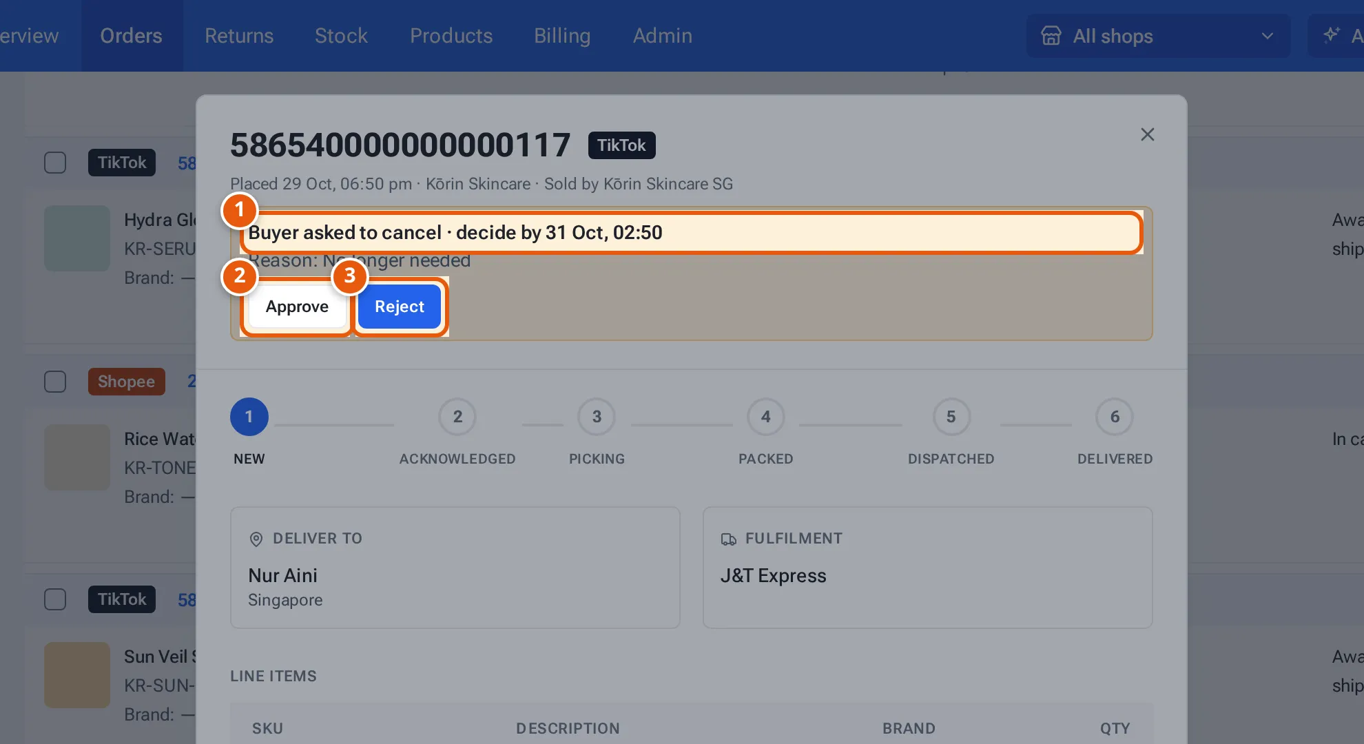 An order's details with the buyer's cancellation request, its deadline, Approve and Reject