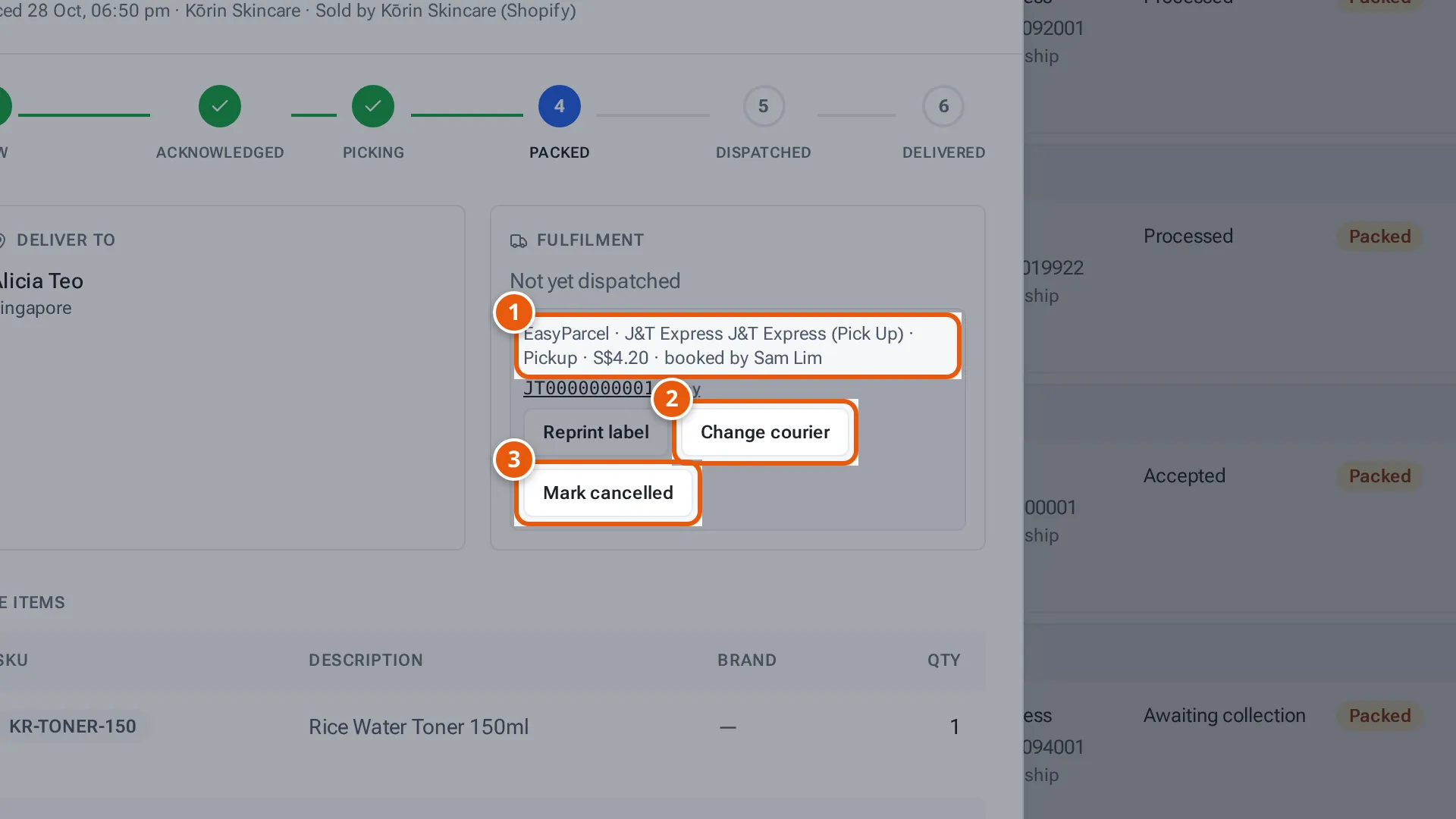 The courier booking box in an order's details with Change courier and Mark cancelled