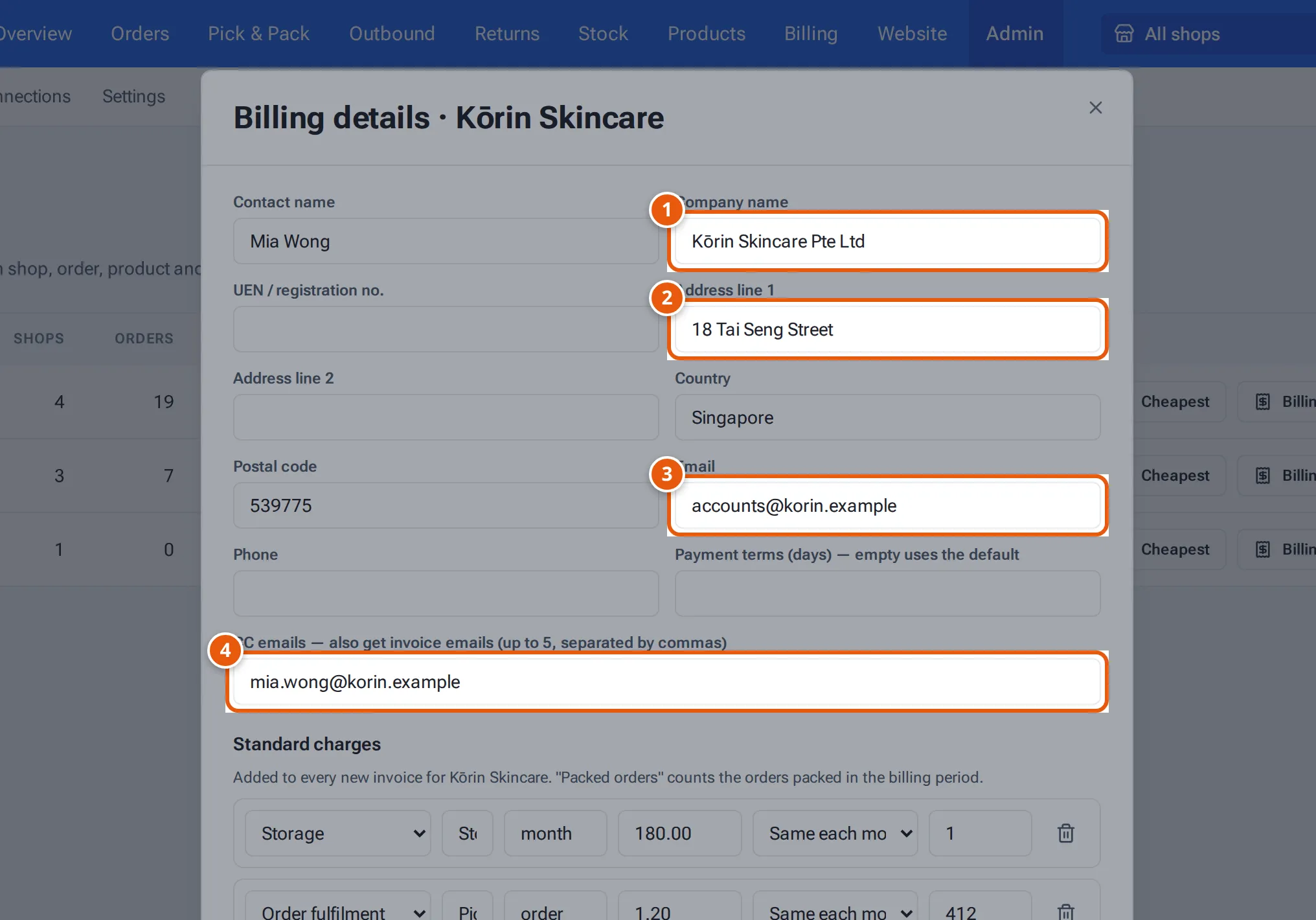 The billing details window: company name, address, email and CC emails