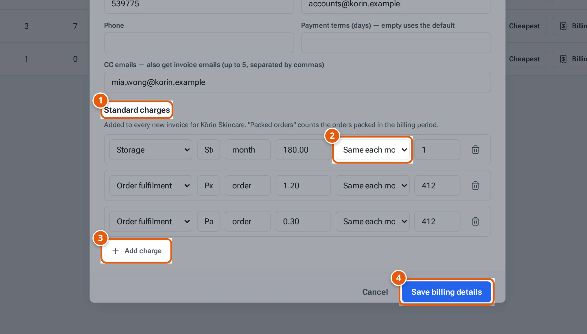 Standard charges with the quantity choice, Add charge and Save billing details