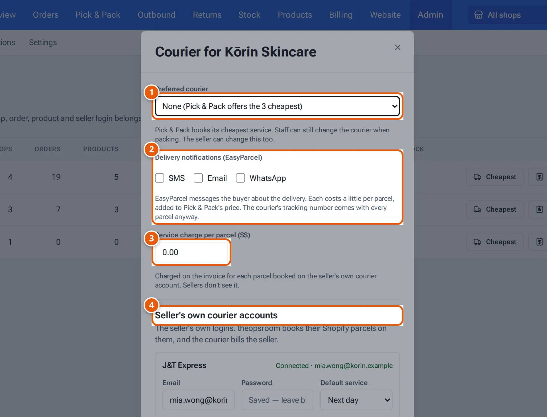 The Courier window for a client: preferred courier and service charge per parcel