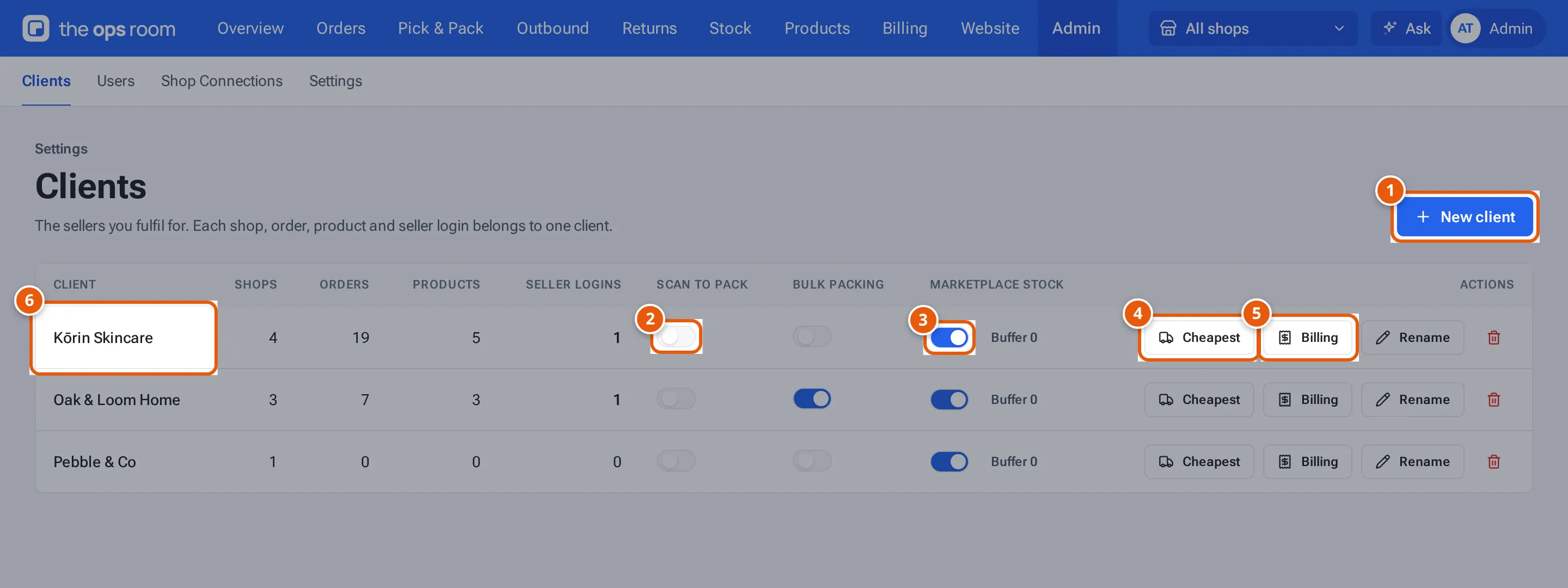 The Clients list with New client, the Scan to pack and Marketplace stock switches, and the Courier and Billing buttons