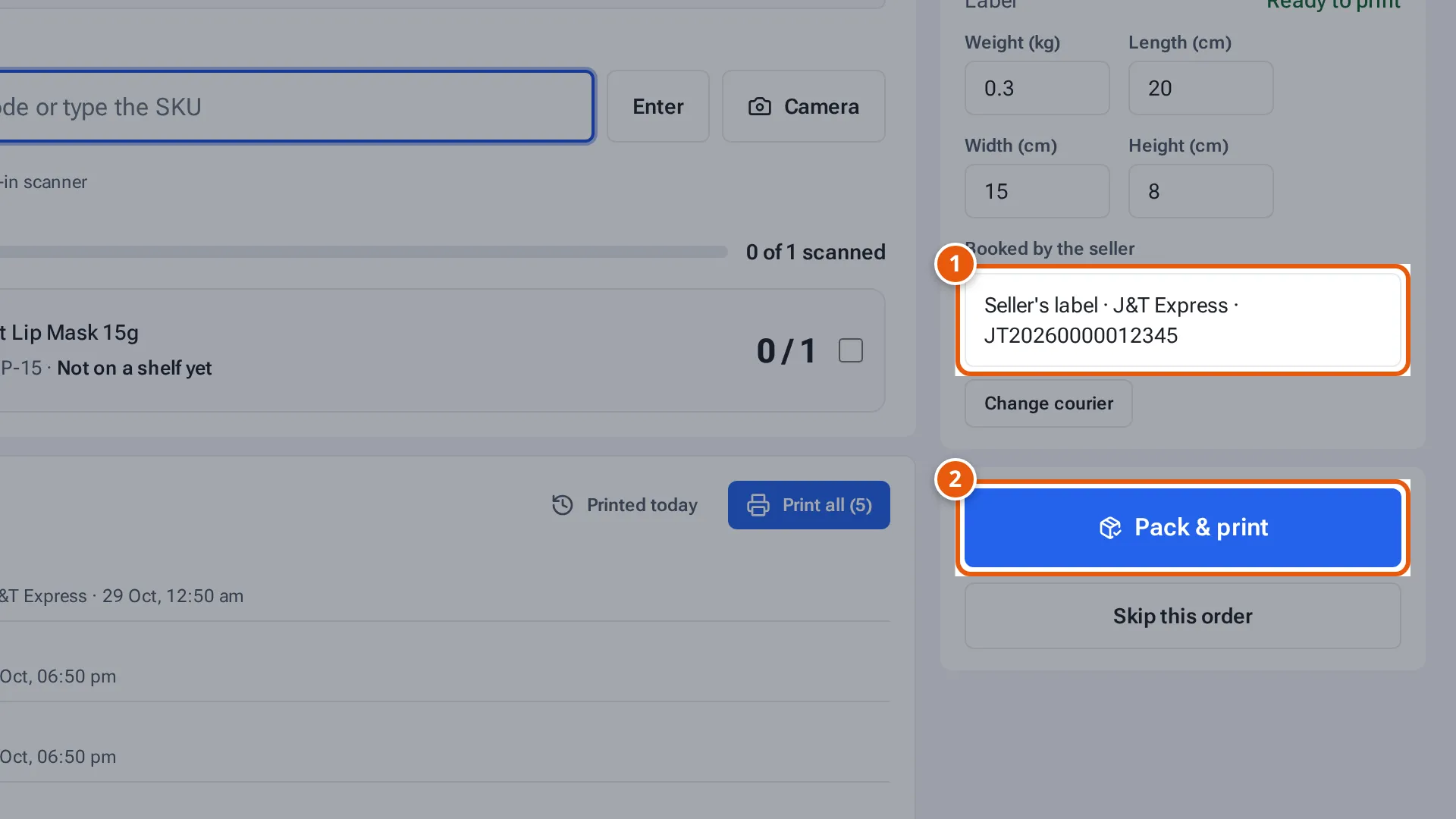 A Shopify order whose seller uploaded a label: the seller's label is shown under Booked by the seller and the button reads Pack & print