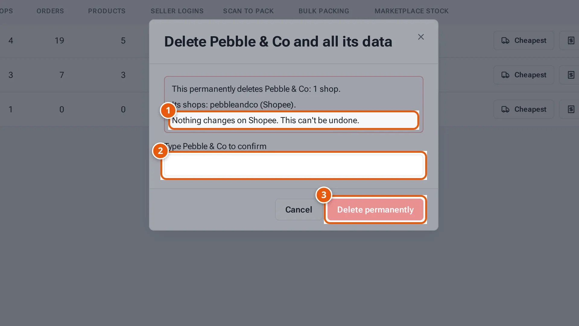 The delete window ready to confirm: type the client's name, then Delete permanently