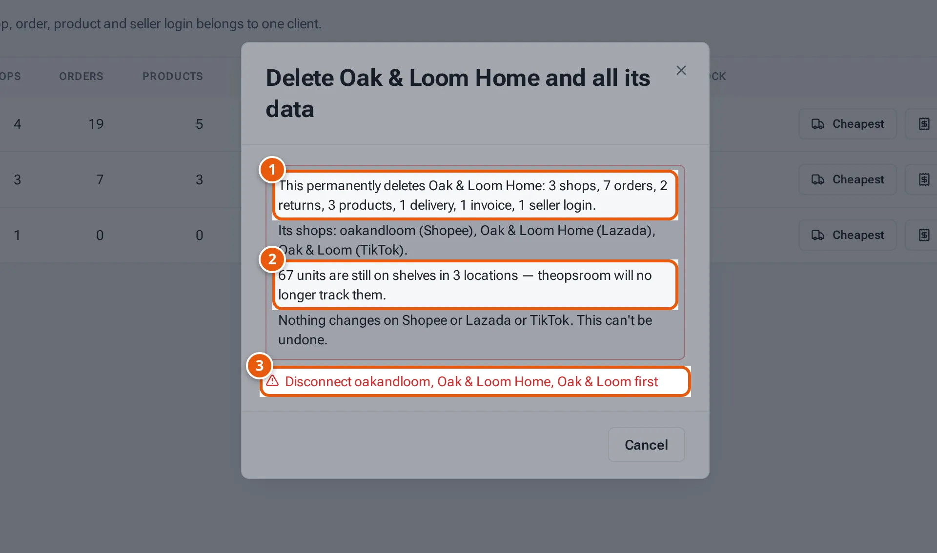 The delete window for a client with counts, units still on shelves and a red line asking to disconnect its shops first