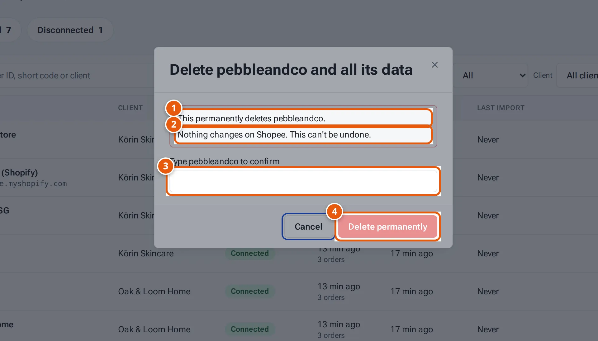 Deleting a disconnected Shopee shop: what will be deleted, Nothing changes on Shopee, the name to type and Delete permanently