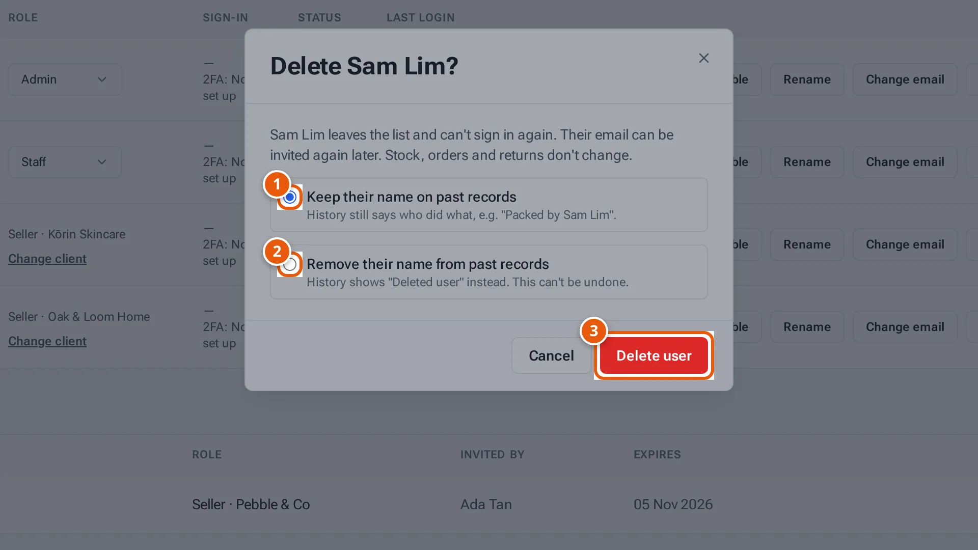 The delete window: keep or remove their name on past records, and Delete user