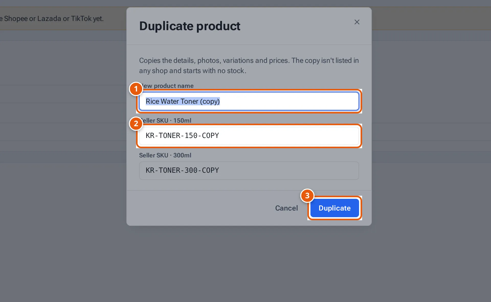 The Duplicate product window: new name, a seller SKU for each SKU, and Duplicate