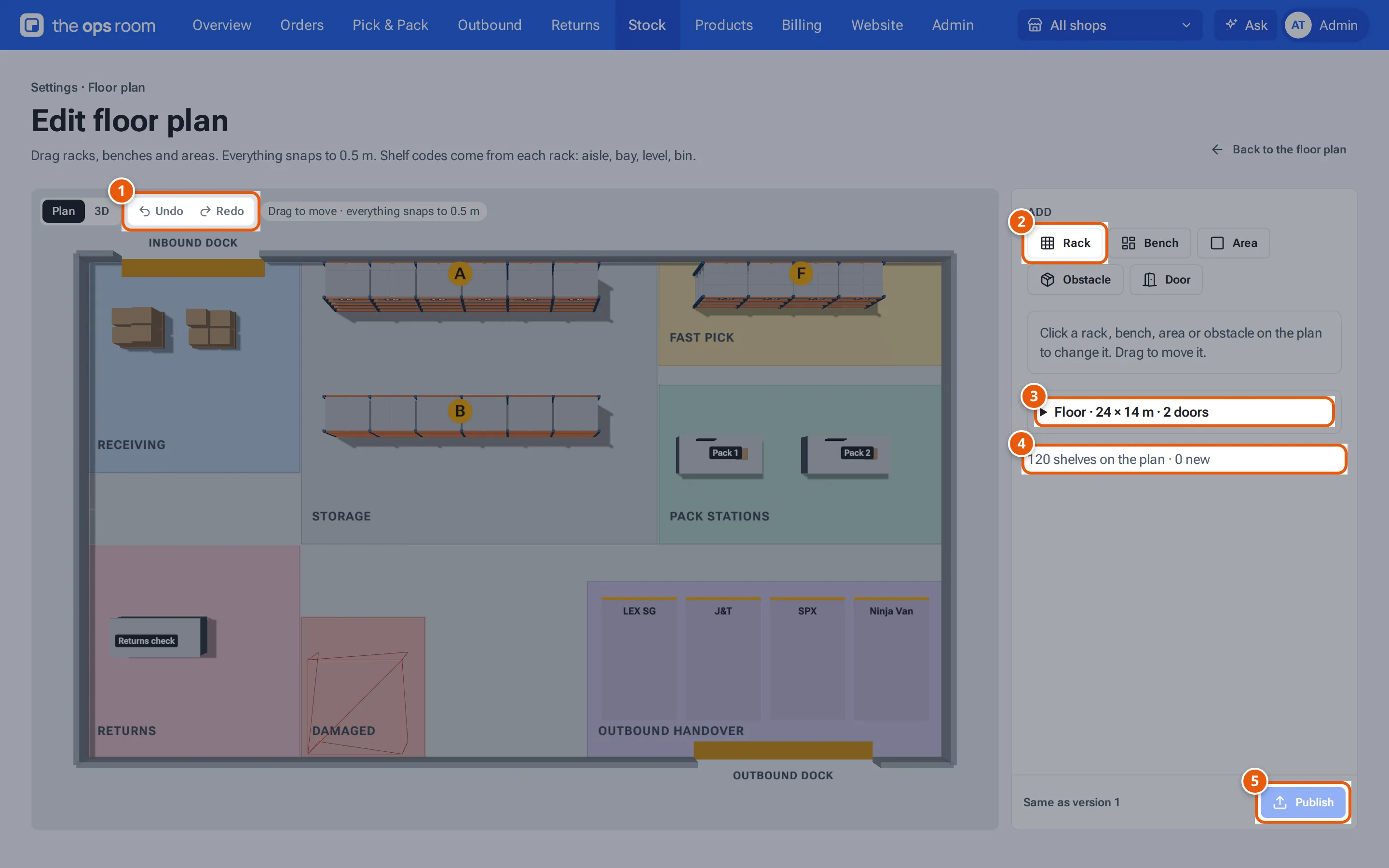 The editor: Undo and Redo, the Add buttons, the floor, the draft state and Publish