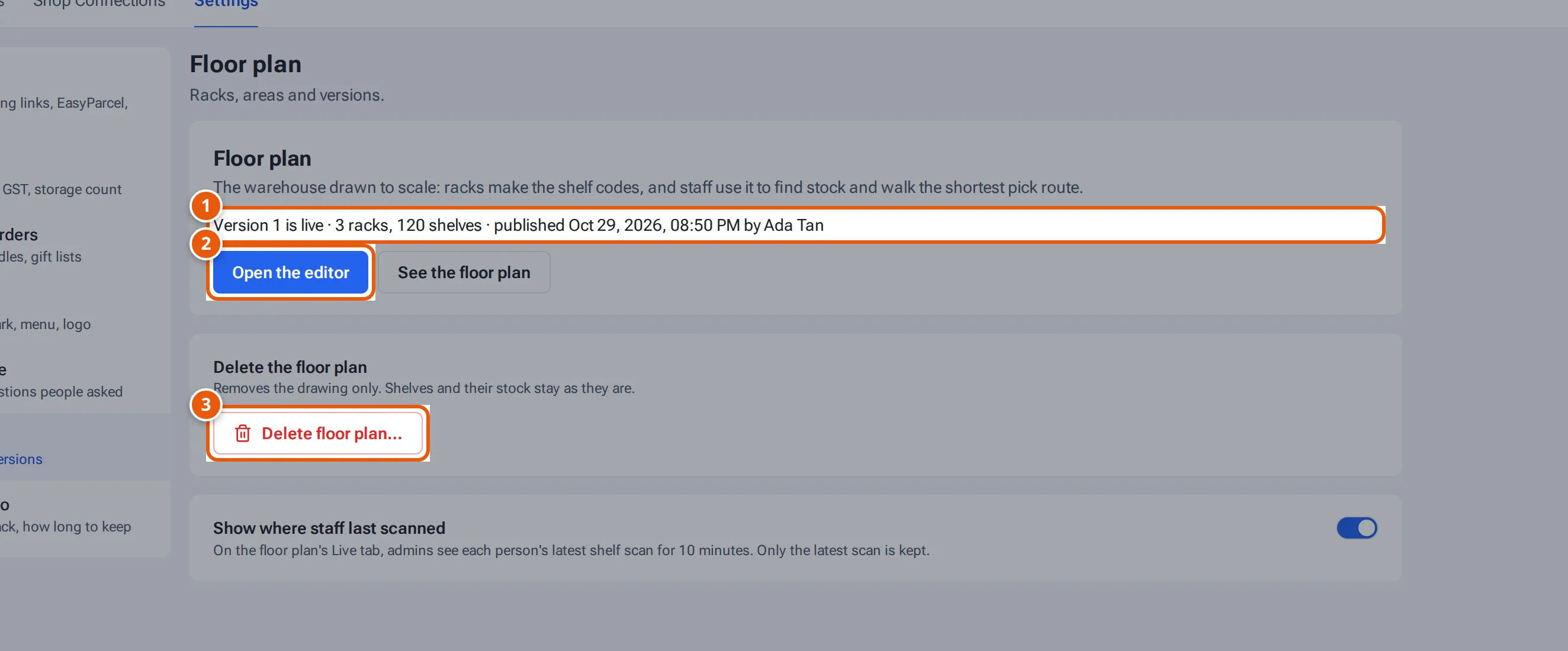 Settings → Floor plan: the live version, Open the editor and Delete floor plan