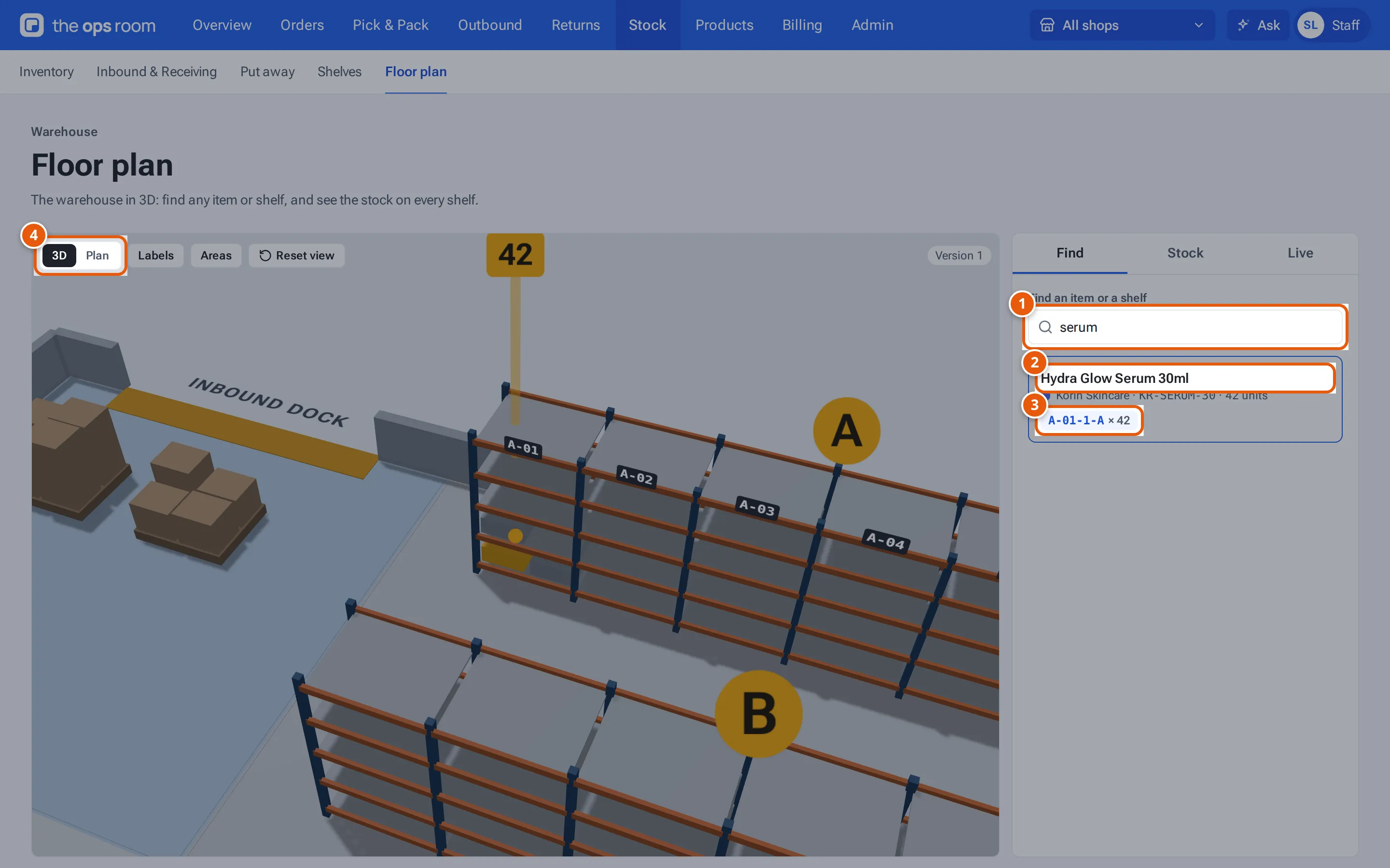 Floor plan: the search box, the item found with its shelf, and the 3D view