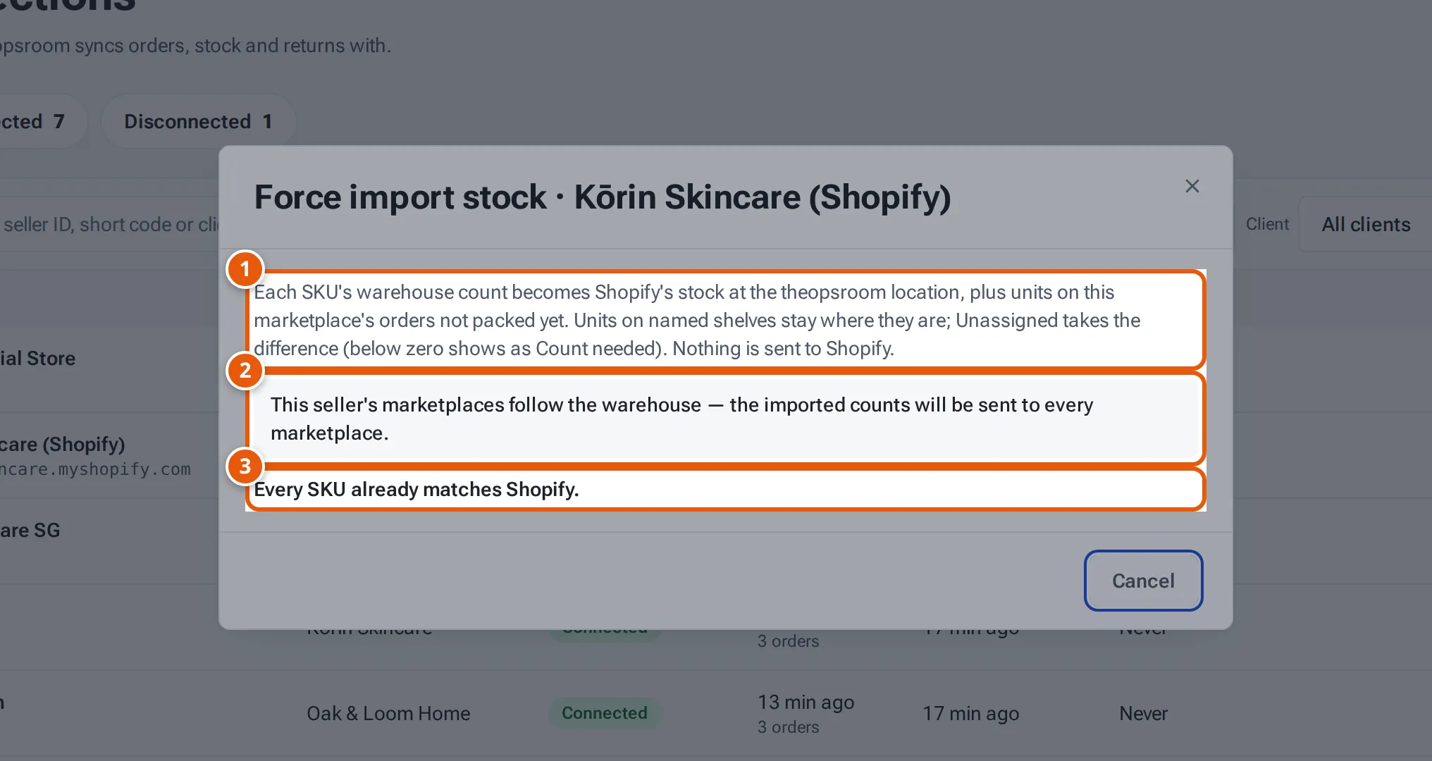 The Force import stock window for a Shopify store: what the count becomes, the stock-sync note and the preview