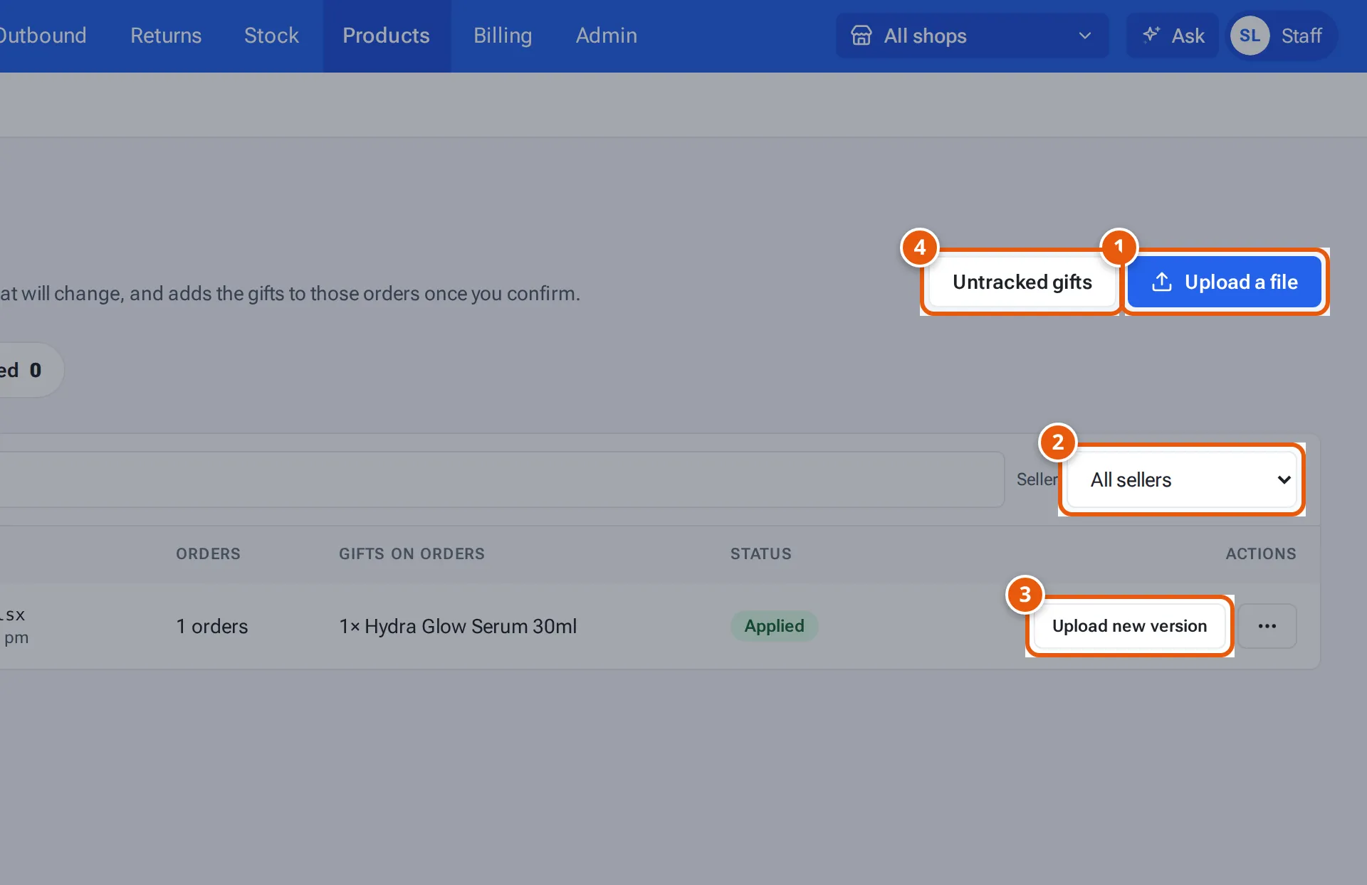 Gift lists with Upload a file, the seller filter, Upload new version and Untracked gifts