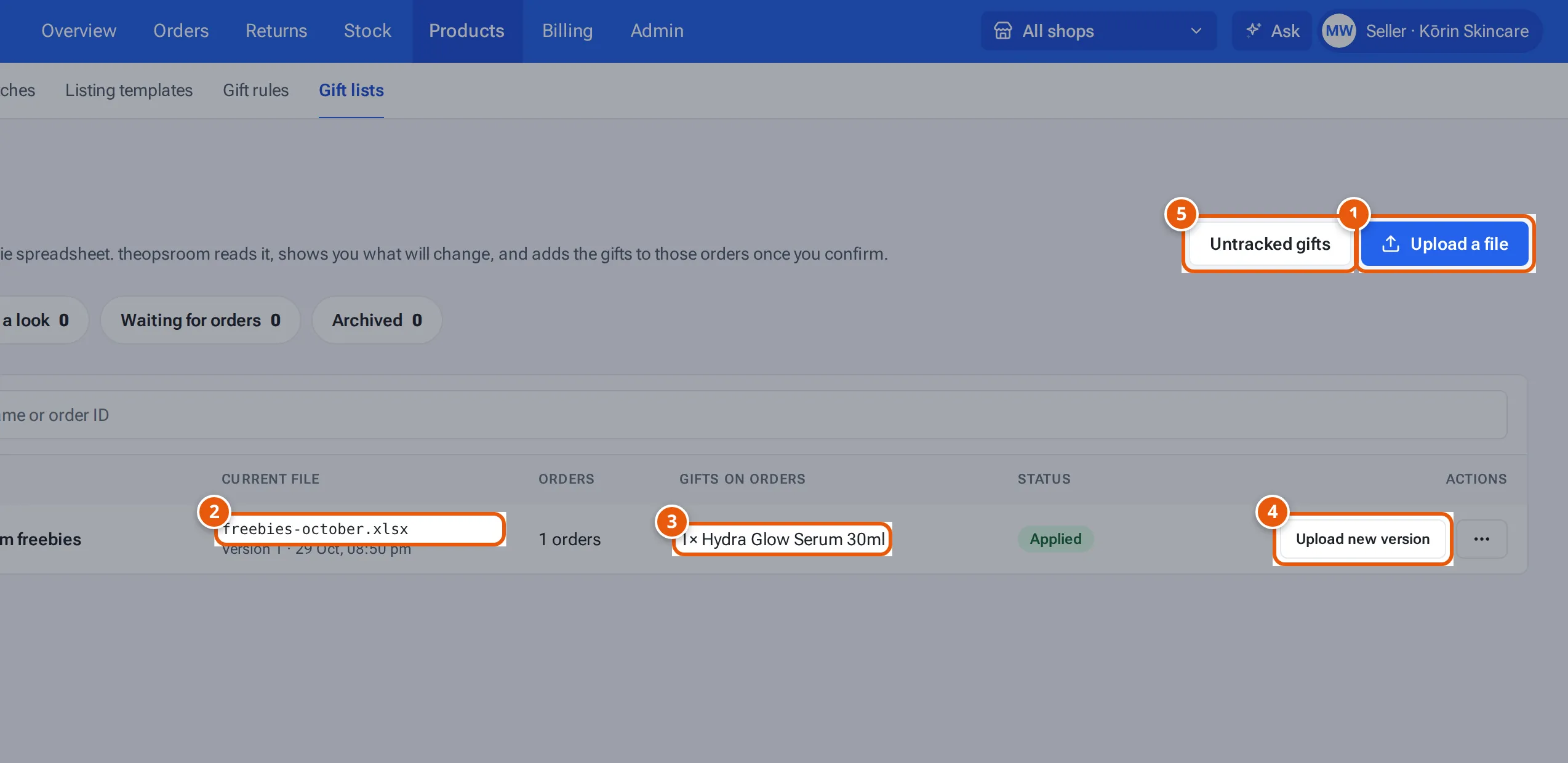Gift lists: Upload a file, a list's file and gifts, Upload new version and Untracked gifts