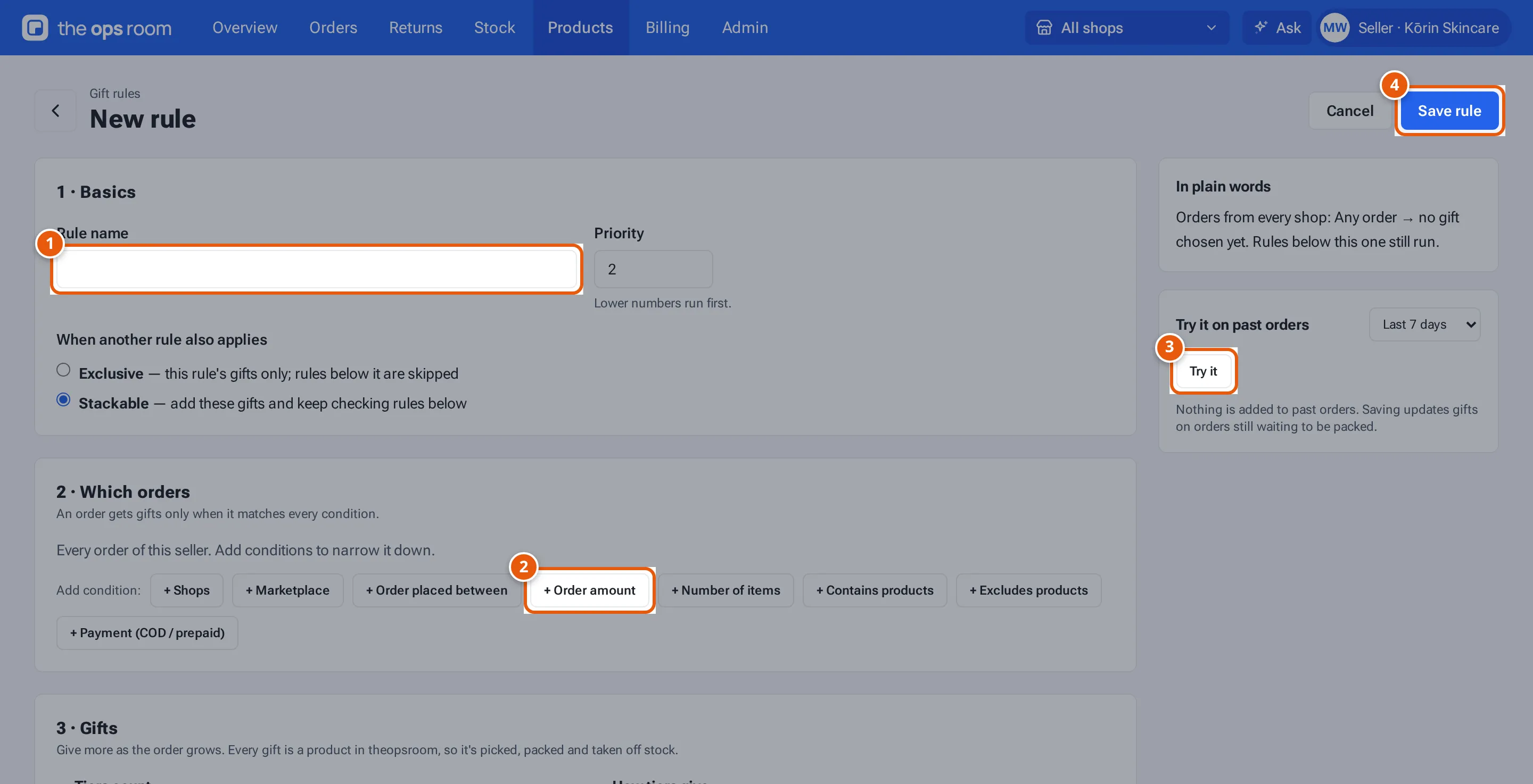 A new gift rule: Rule name, a condition button, Try it and Save rule