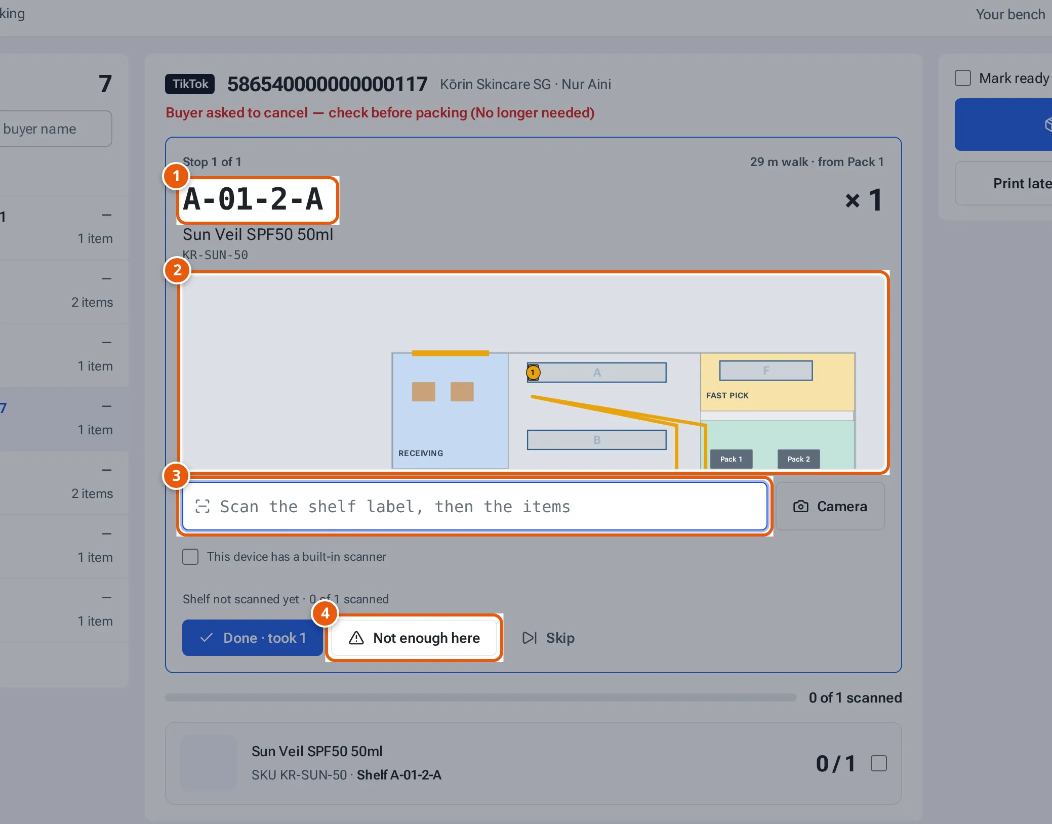 Pick & Pack with a guided pick: the shelf code, the item, the map and the scan box