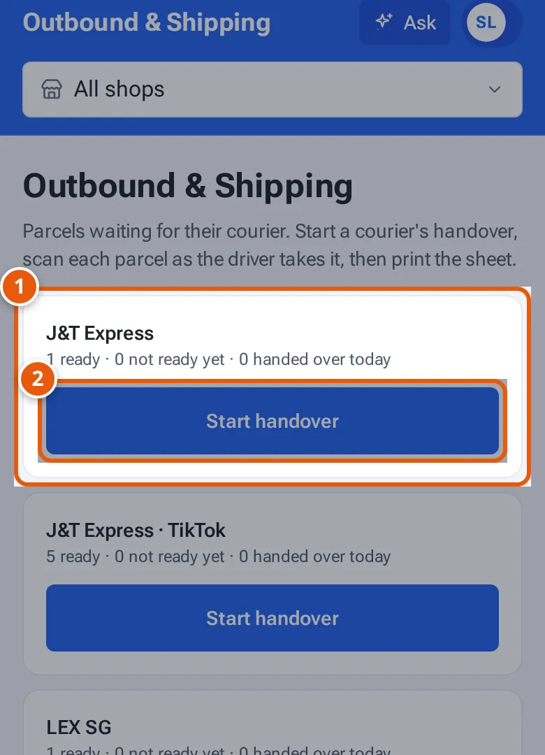 Outbound & Shipping on a phone: a card for each courier with Start handover