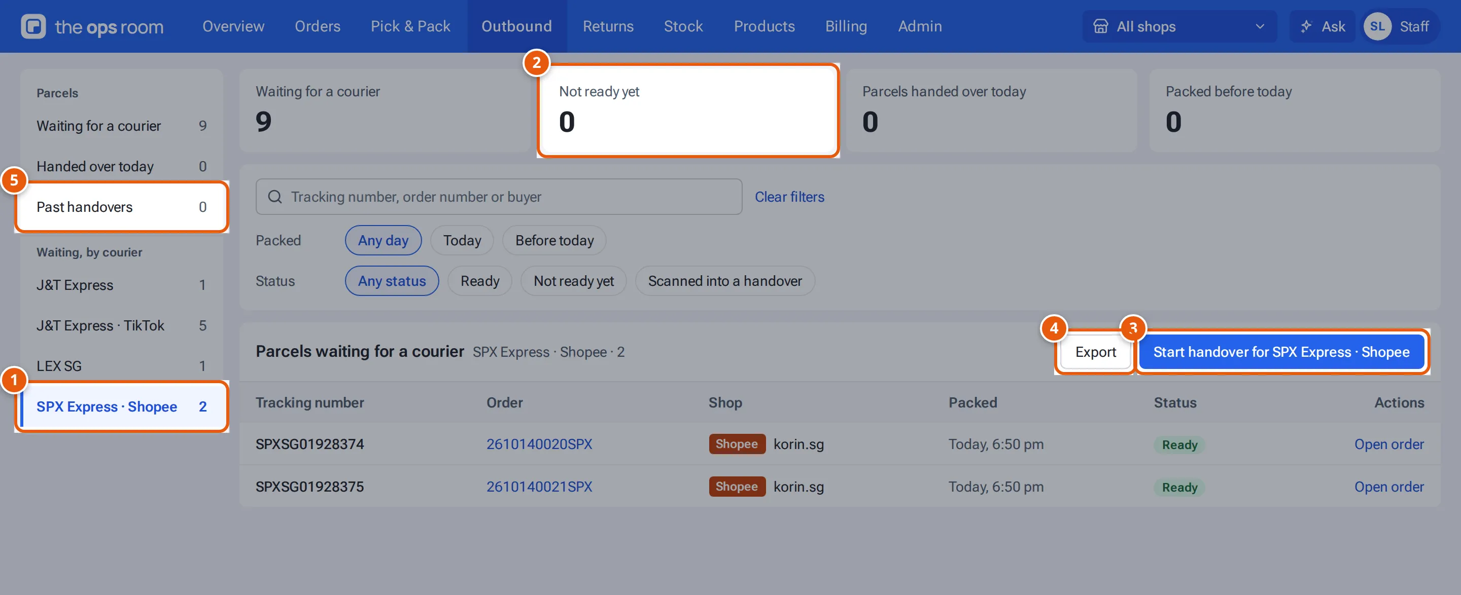 Outbound & Shipping: the menu with the couriers, the number cards, the parcels waiting and Export