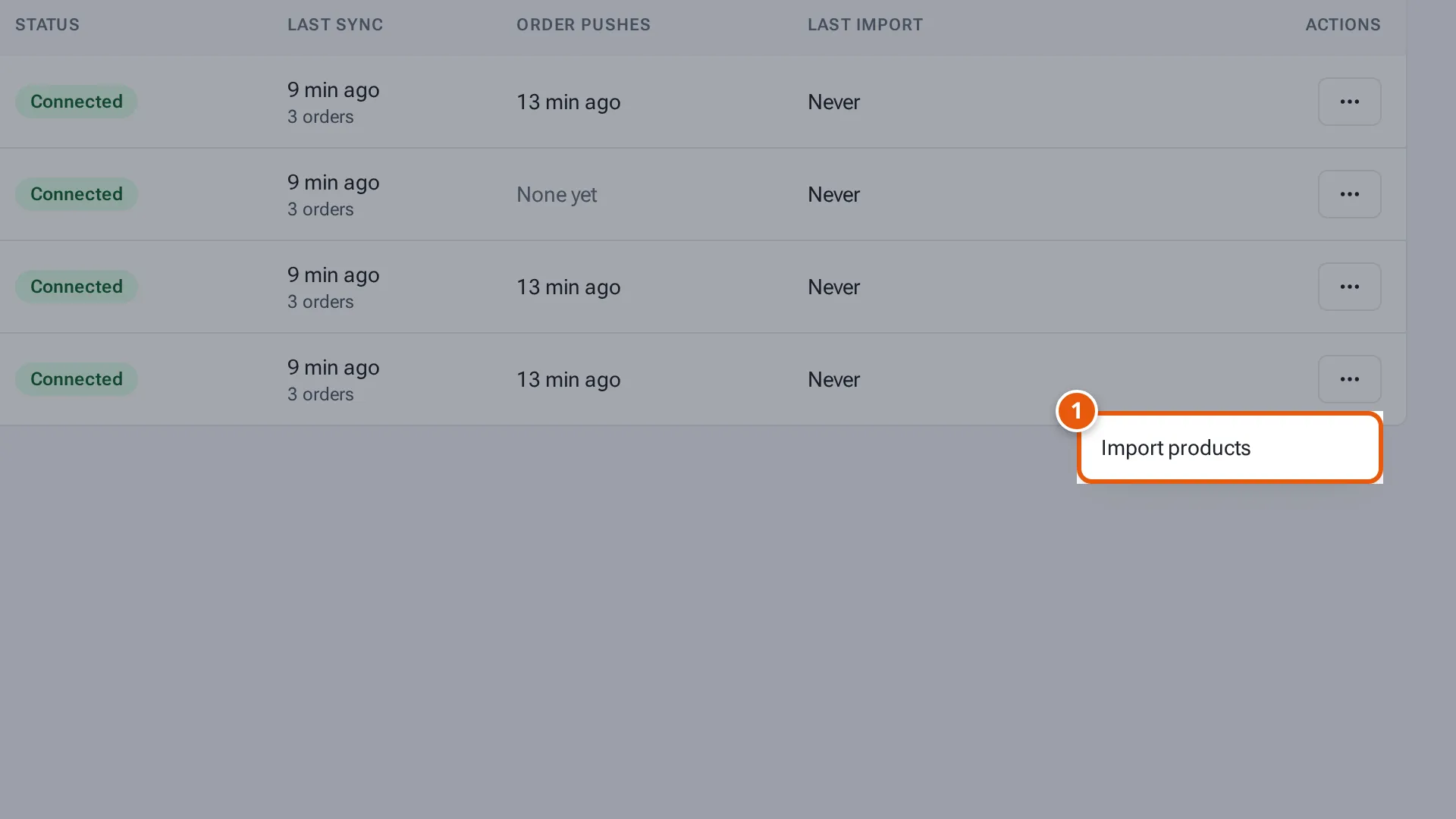 The shop's More actions menu with Import products