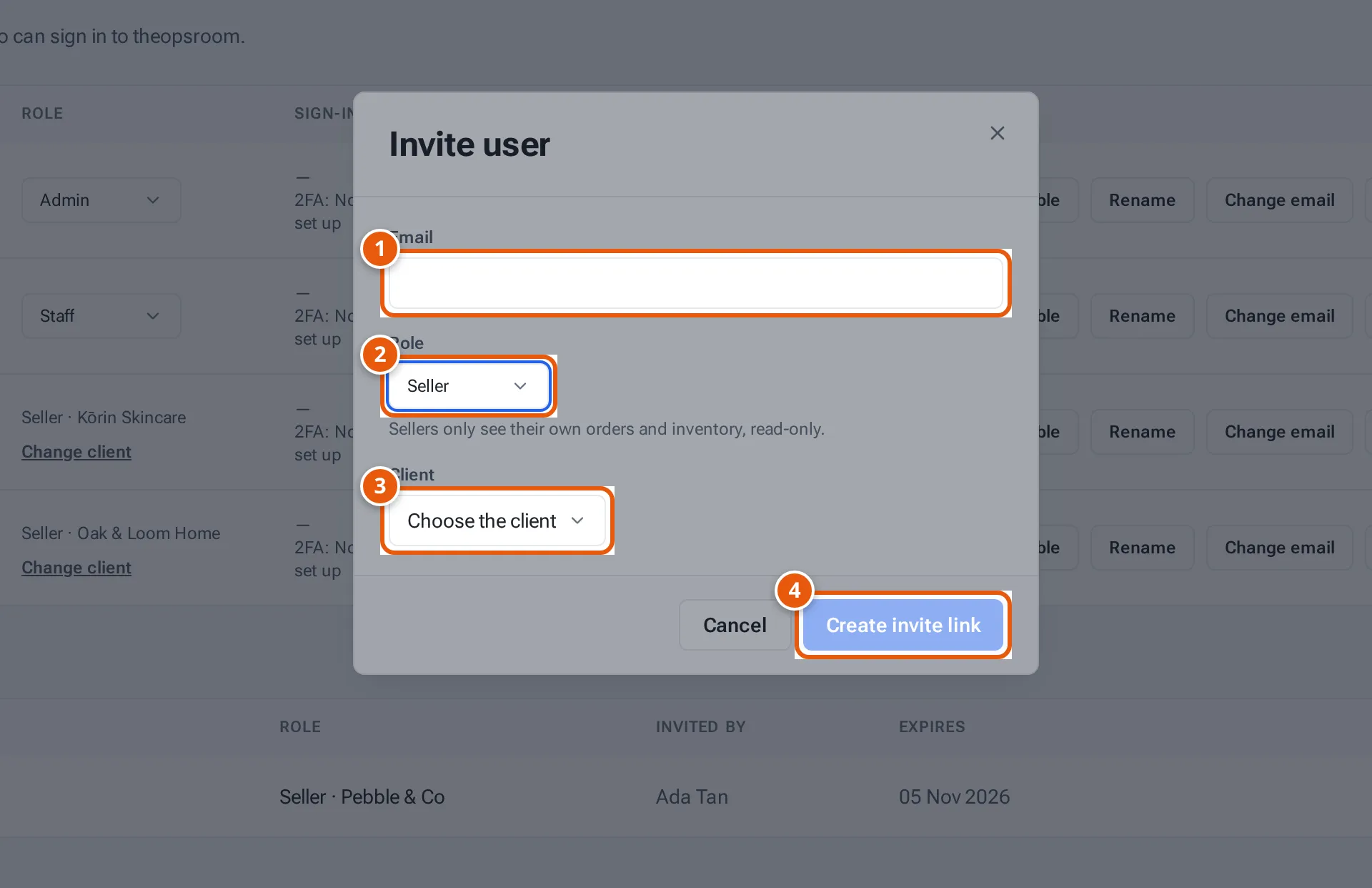 The Invite user window with Email, Role set to Seller, Client and Create invite link