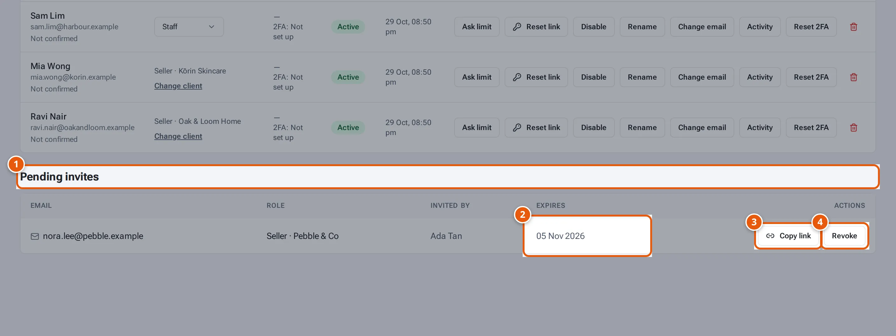 Pending invites with the expiry date, Copy link and Revoke