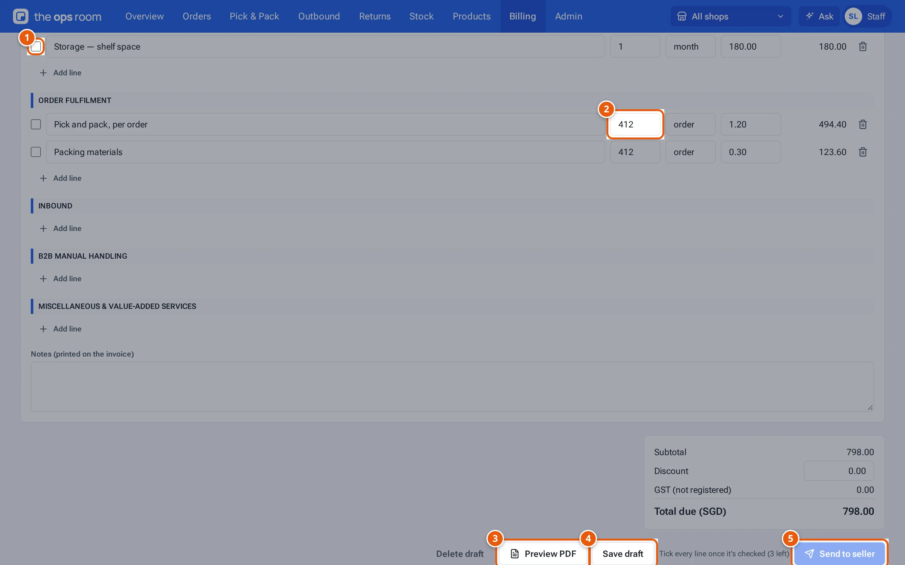 A draft invoice: a line's Tallied box, a quantity, Preview PDF, Save draft and Send to seller