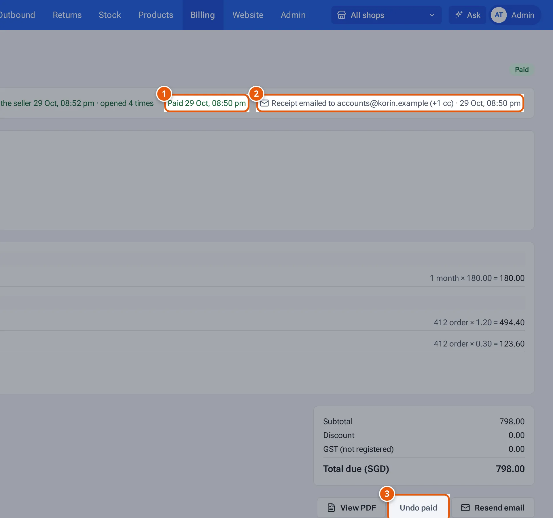 A paid invoice with the paid date, the receipt email line and Undo paid