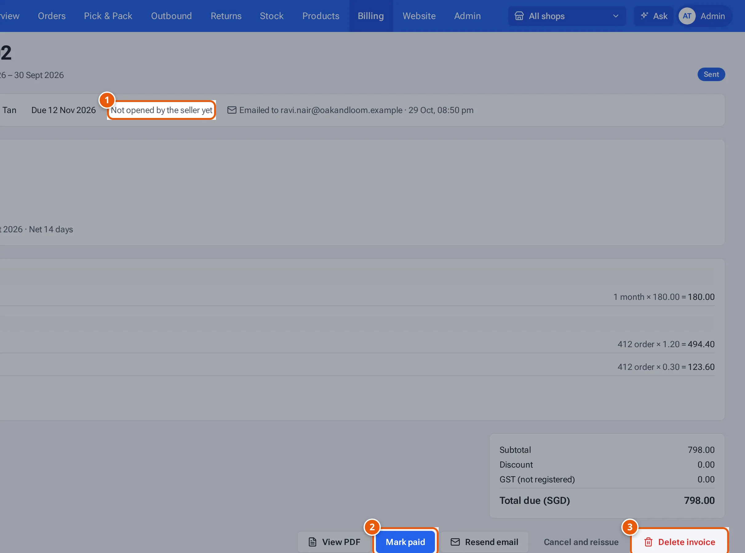 A sent invoice not opened yet, with Mark paid and Delete invoice