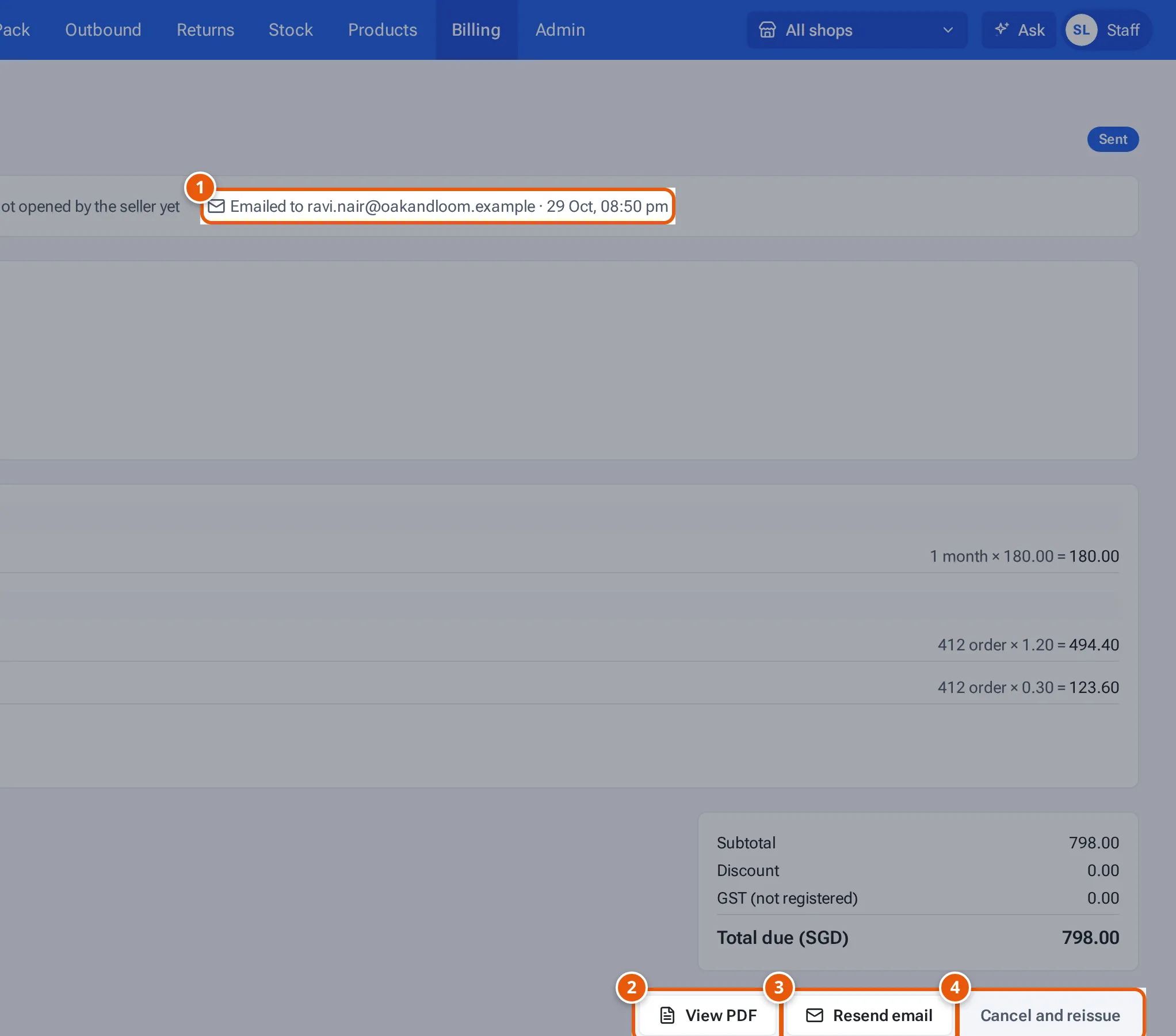 A sent invoice: the email line, View PDF, Resend email and Cancel and reissue