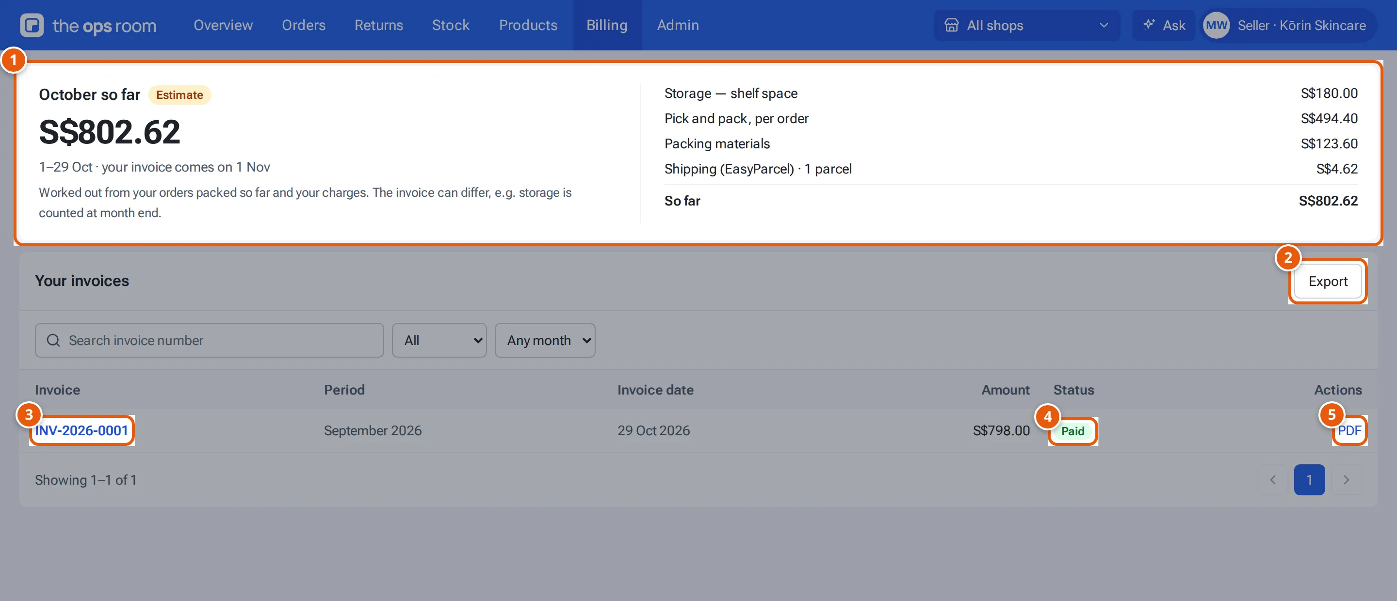 Billing: the month so far estimate, Your invoices with Export, an invoice, its status, and PDF