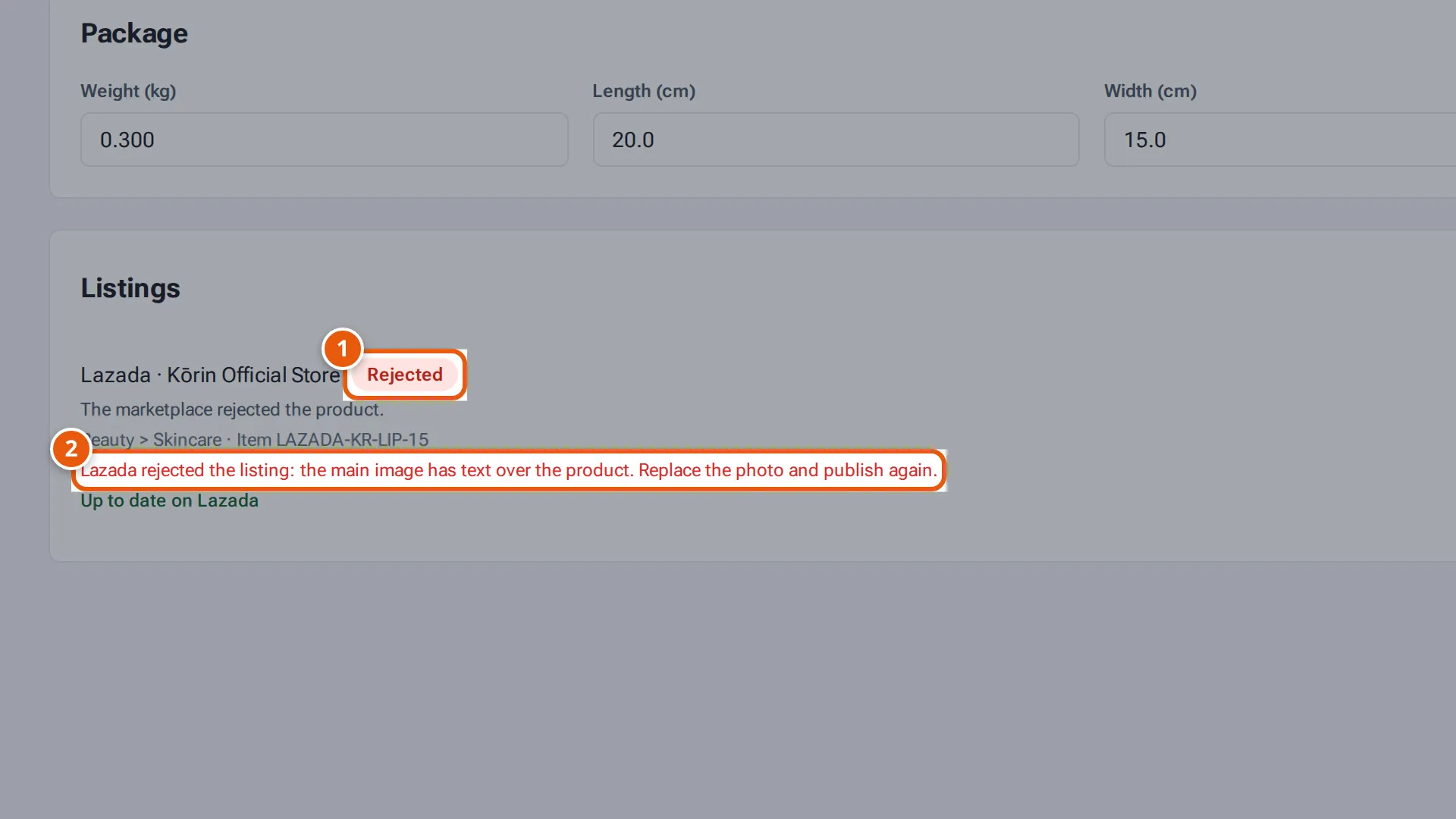 A listing Lazada rejected, with the reason under it