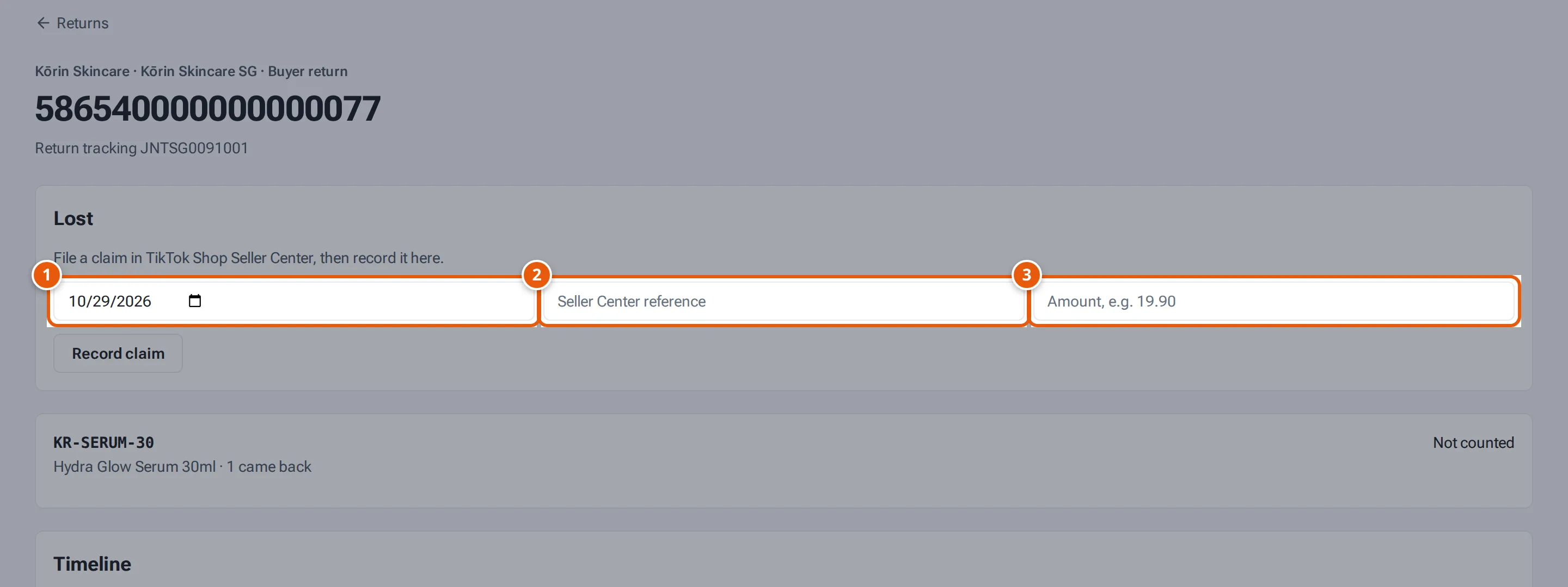Recording a claim on a lost return: Claim filed on, Seller Center reference and Amount claimed