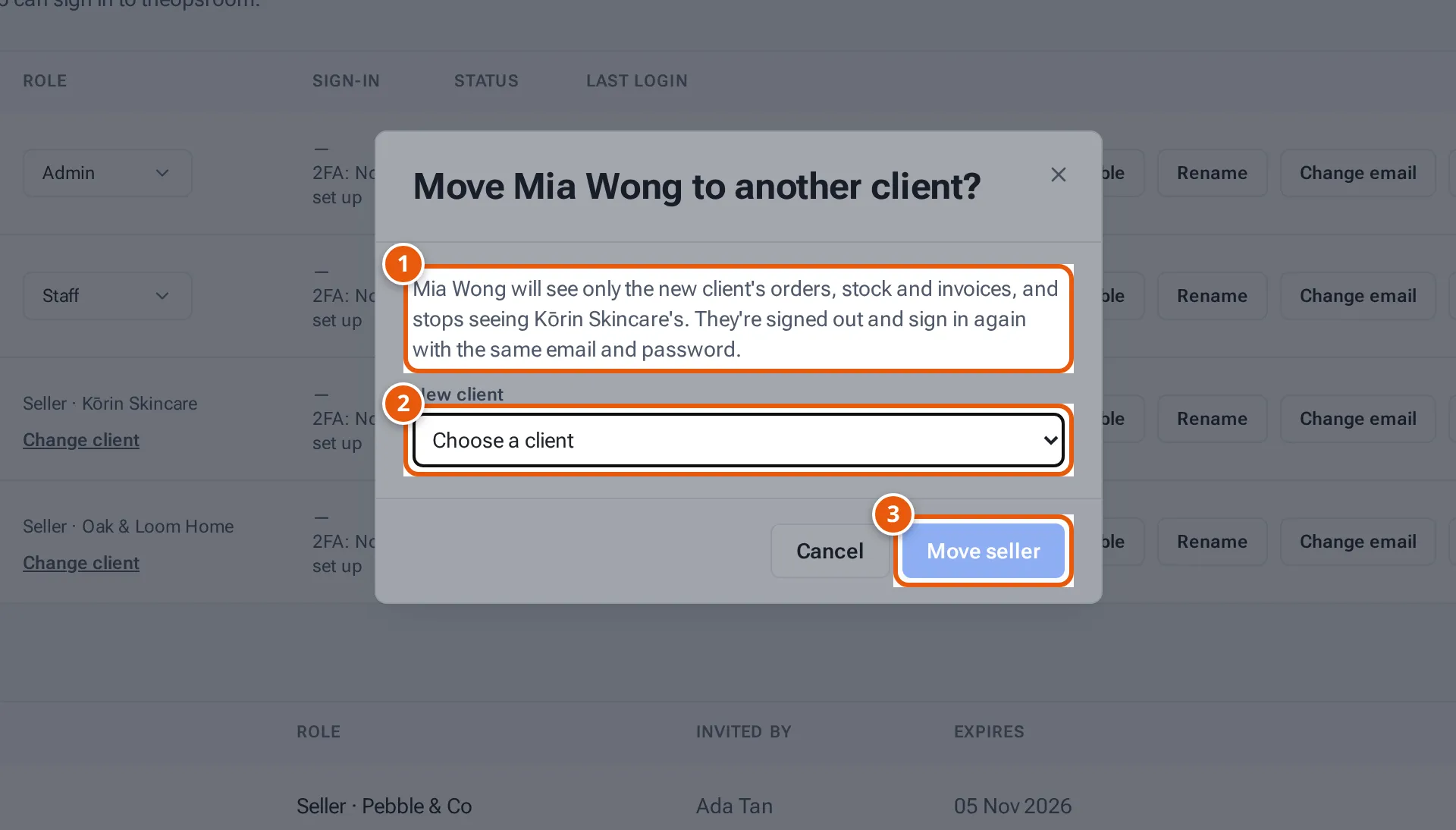 The Move seller window: what changes, the New client list and Move seller