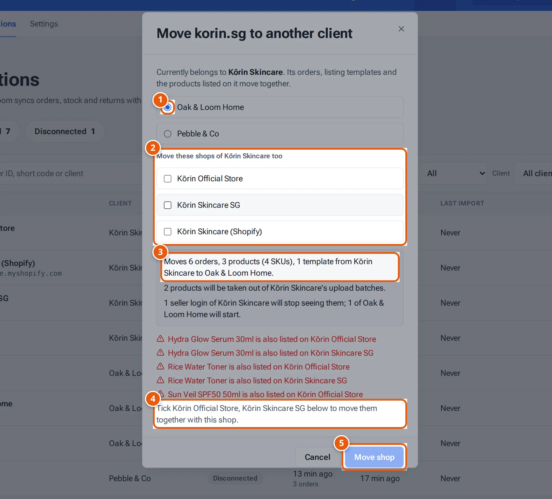 Moving a Shopee shop: the new client, the other shops to tick, the preview and the red lines saying which shops to move together