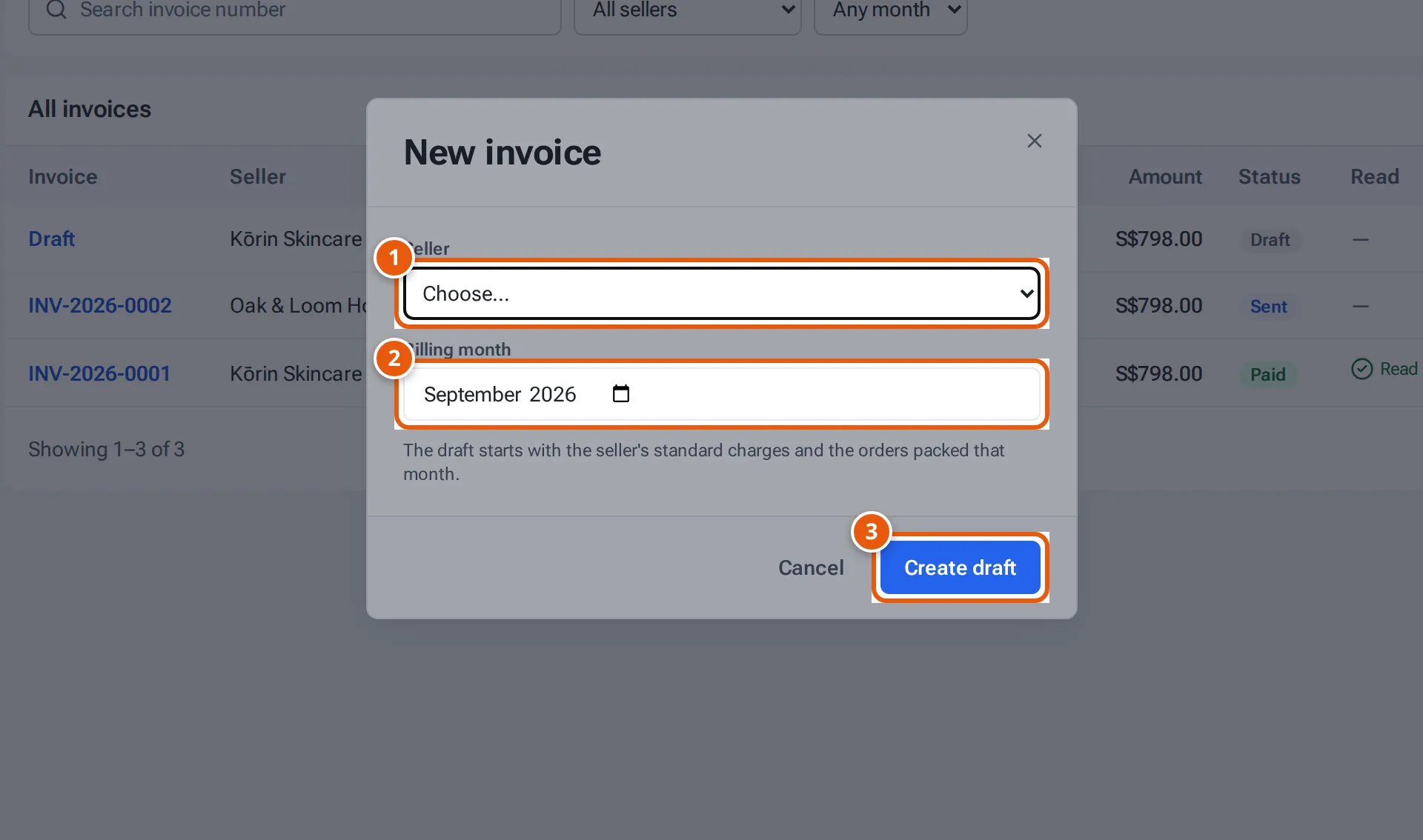 The New invoice window: Seller, Billing month and Create draft
