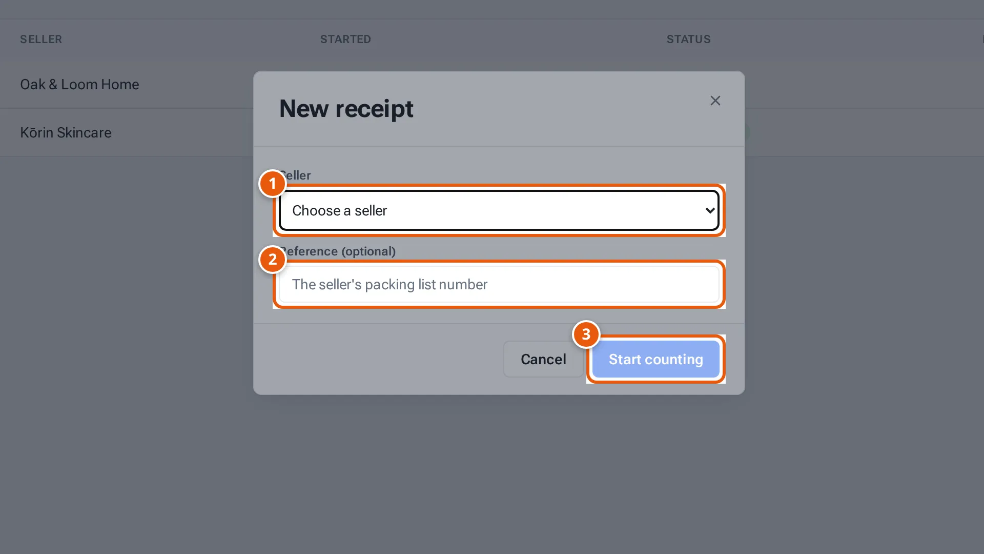 The New receipt window with Seller, Reference and Start counting