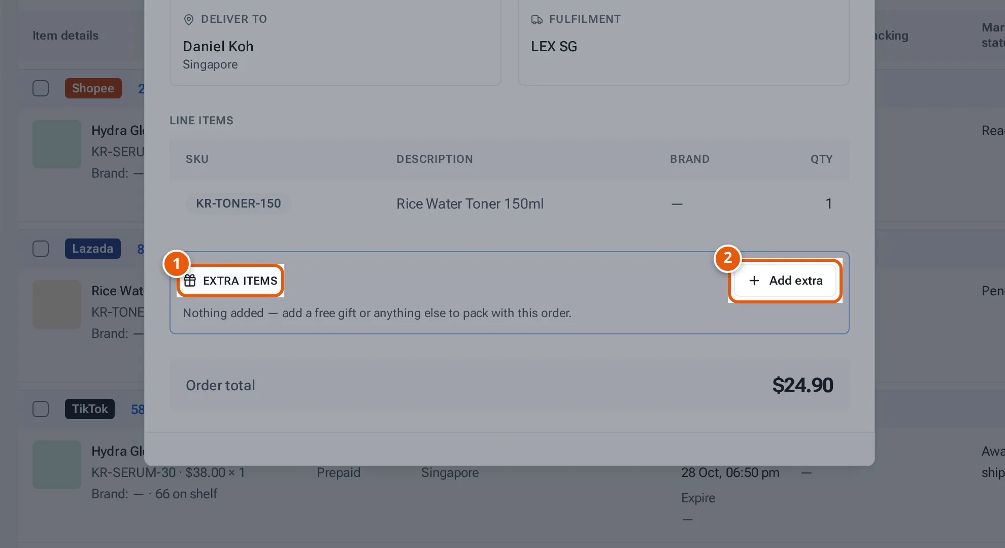 An order's Extra items with the Add extra button