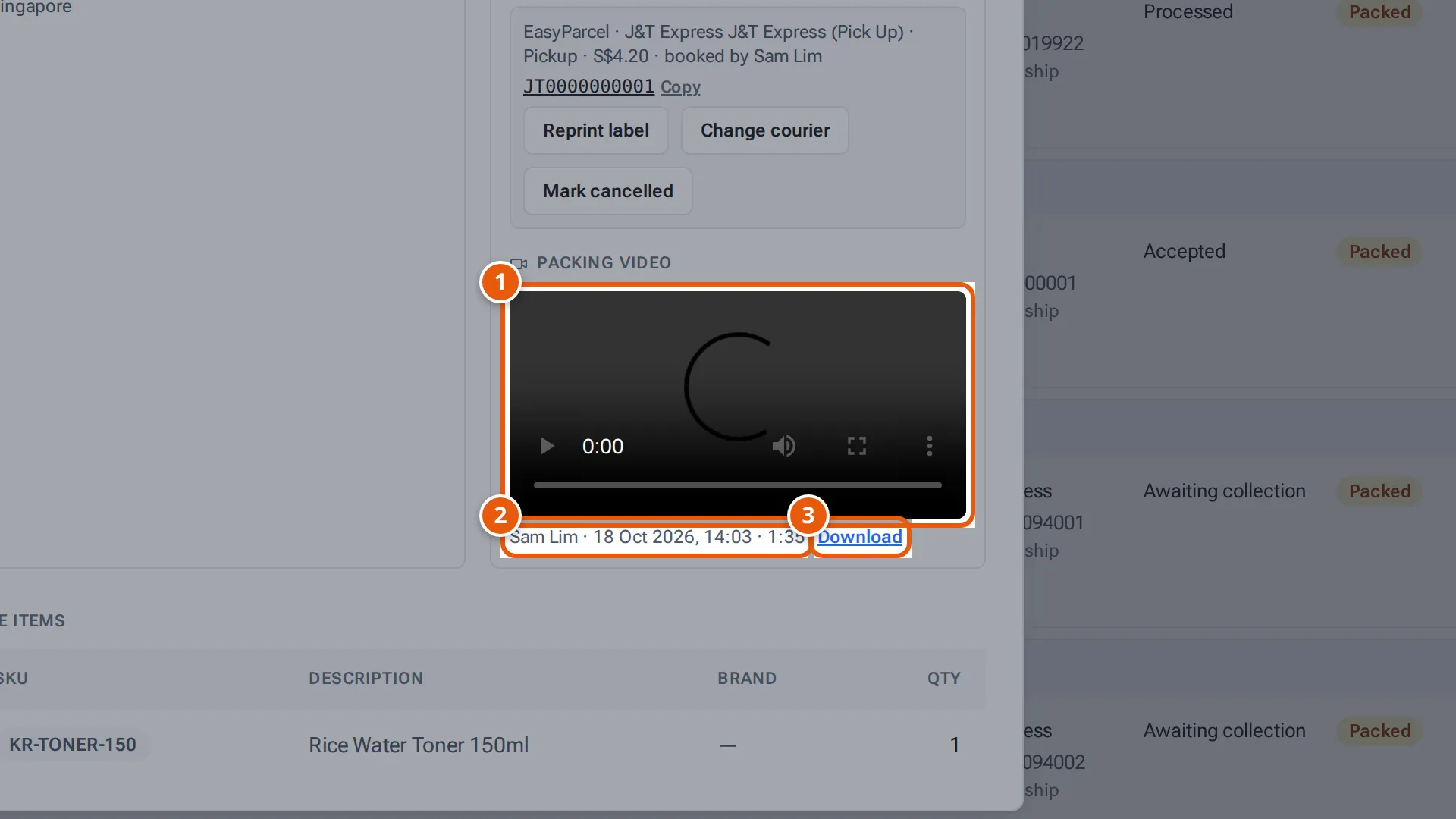An order's details with its packing video: who packed it, when, how long, and Download