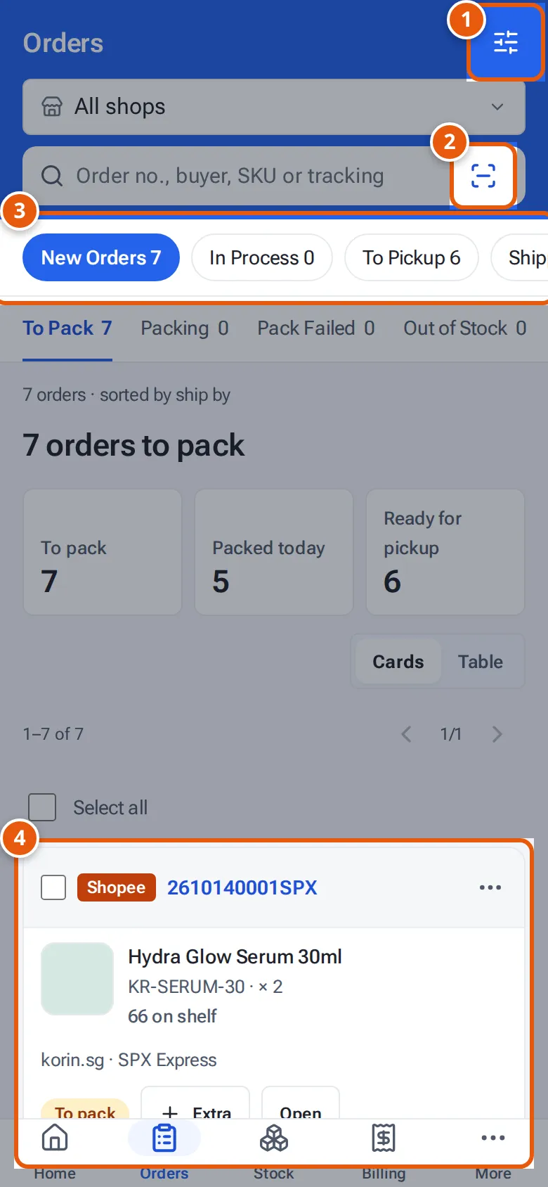 Orders on a phone: Filters, scan to search, the order group chips and an order card