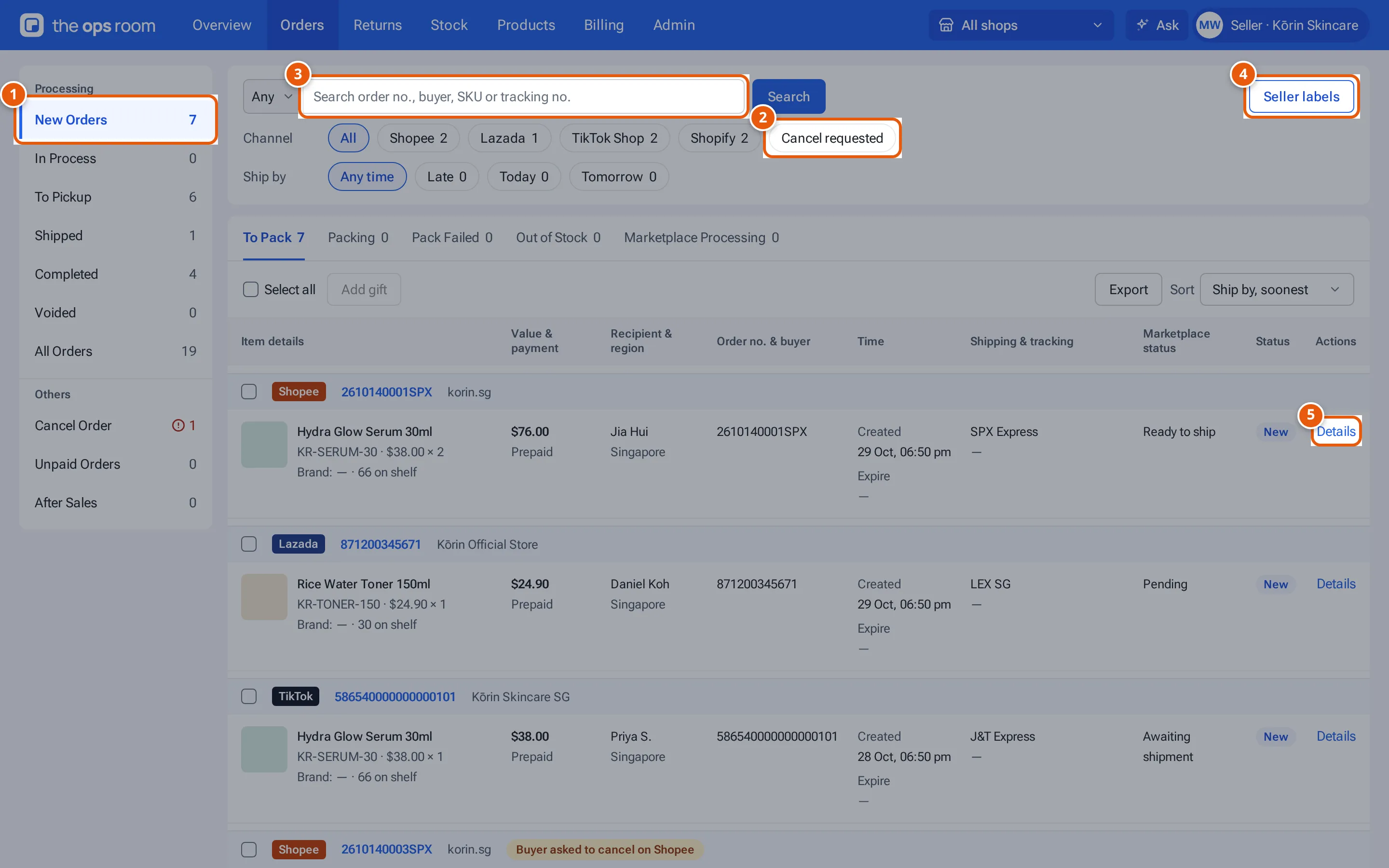 Orders: the order groups, Cancel requested, the search box, Seller labels and an order's Order Details icon